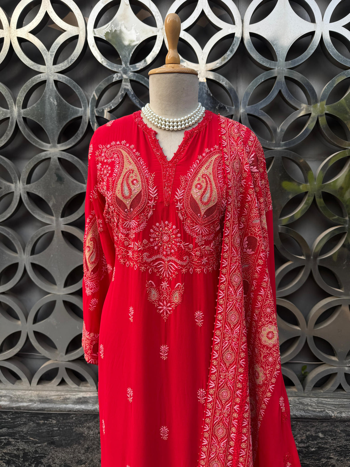 Red Paisley Motif Georgette Suit Set