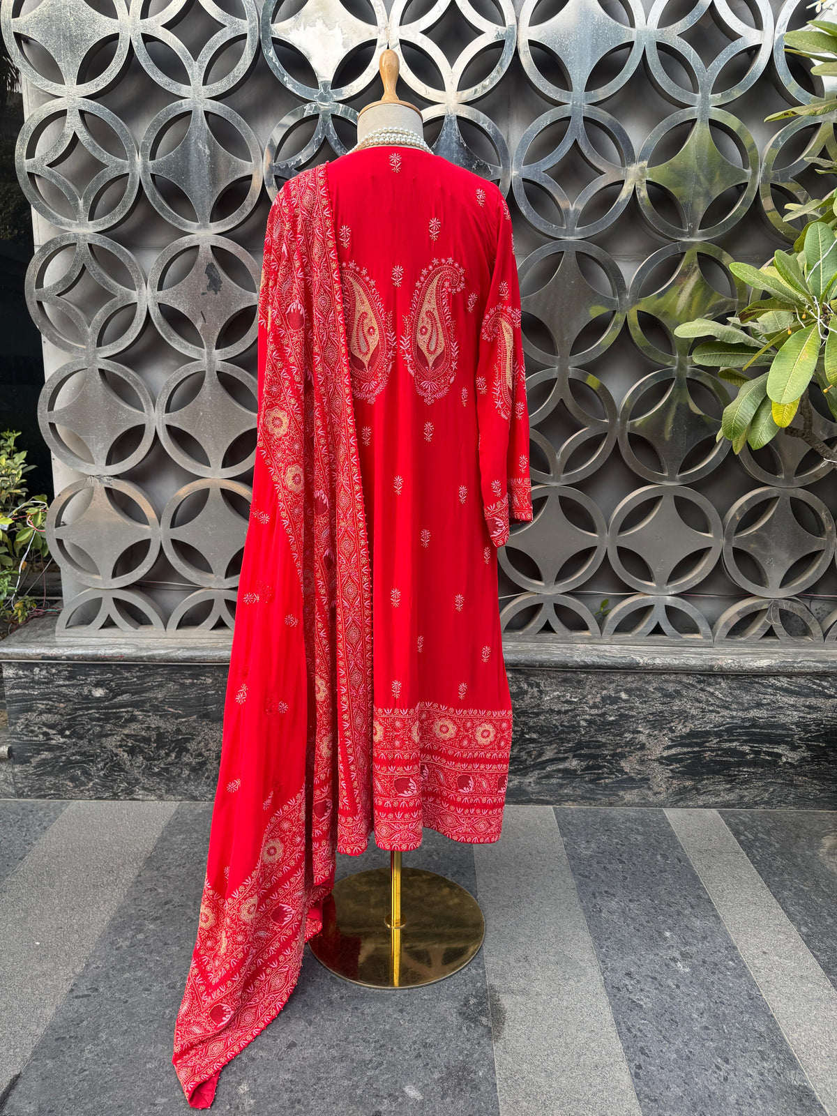 Red Paisley Motif Georgette Suit Set