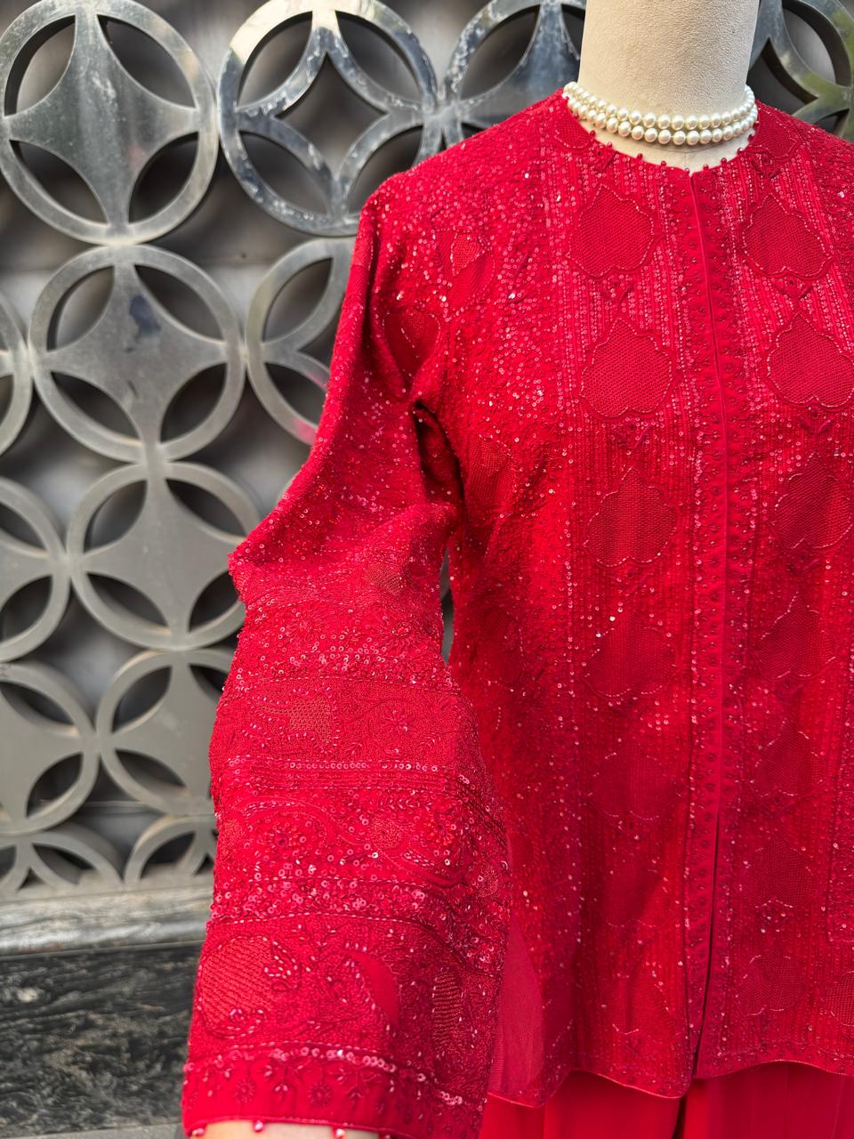 Red Georgette Chikankari Gilet Set