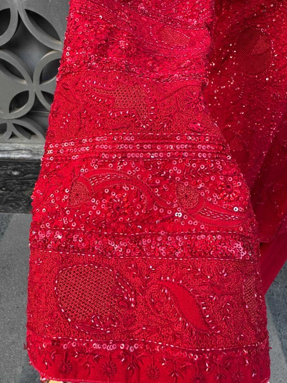 Red Georgette Chikankari Gilet Set
