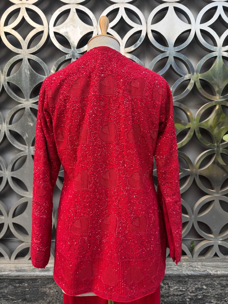 Red Georgette Chikankari Gilet Set