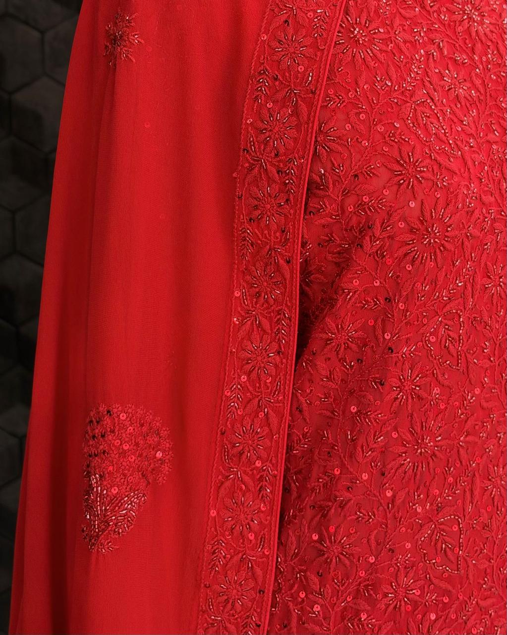 Red Georgette Floral Jaal Suit Set