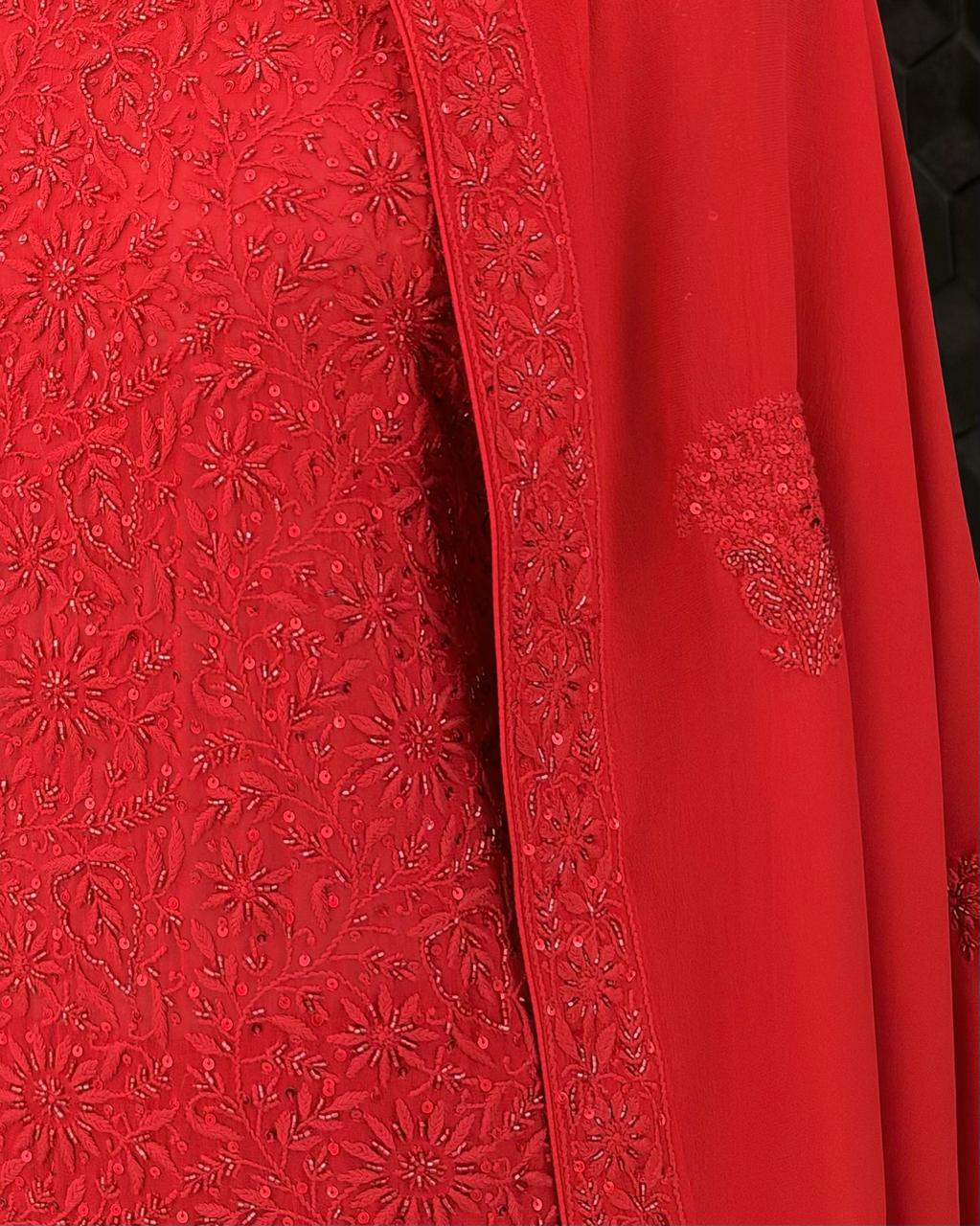 Red Georgette Floral Jaal Suit Set