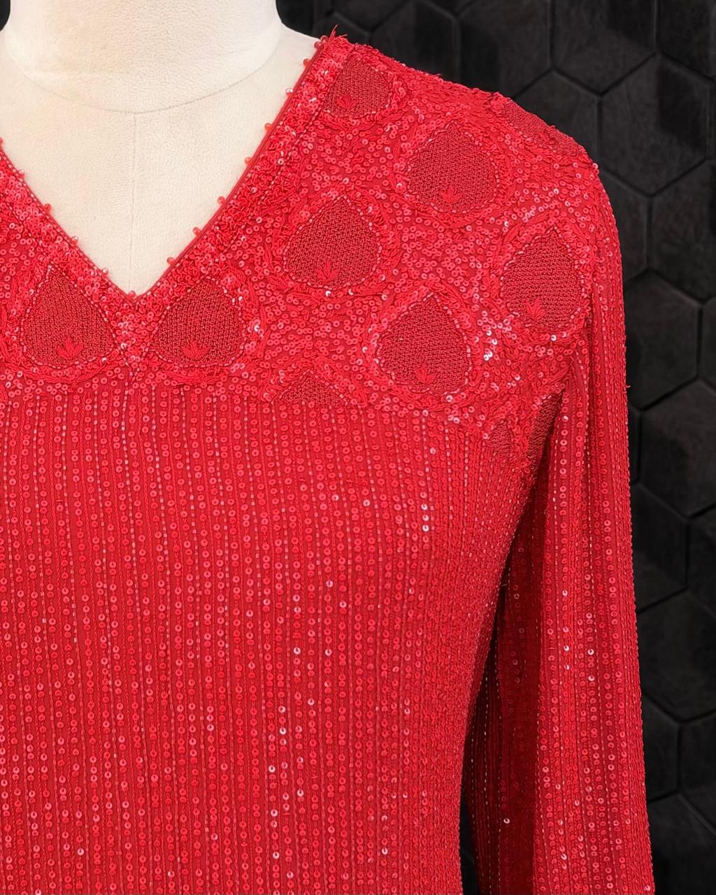 Red Heavy Dupatta Sequins Chikankari Suit Set