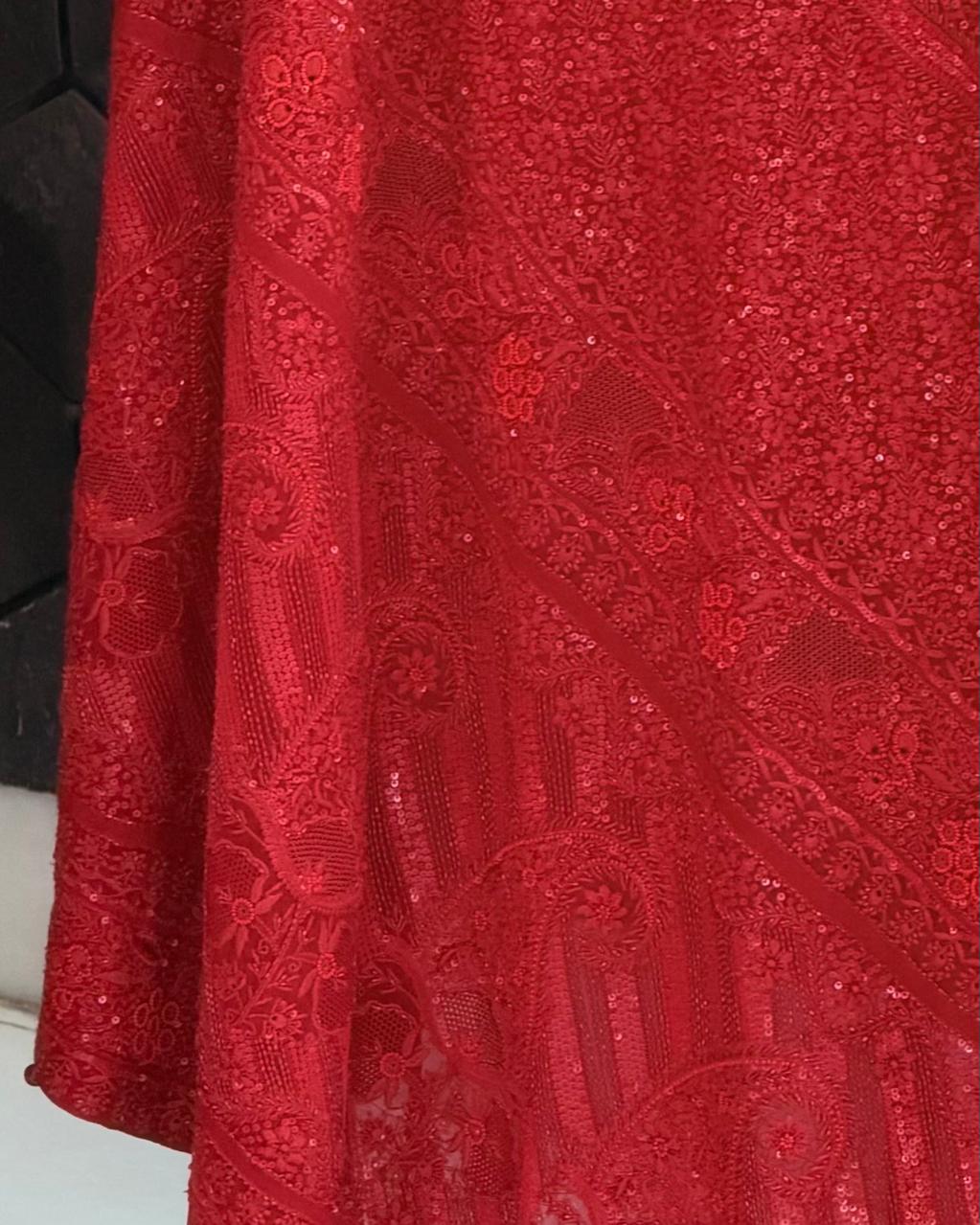 Red Heavy Dupatta Sequins Chikankari Suit Set