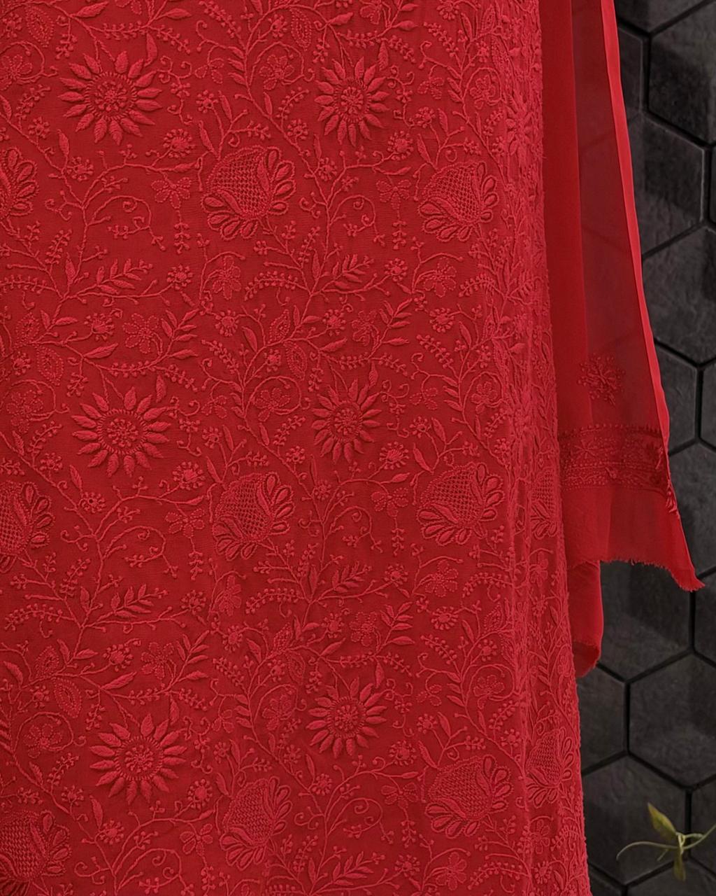 Red Floral Jaal Chikankari Suit Set