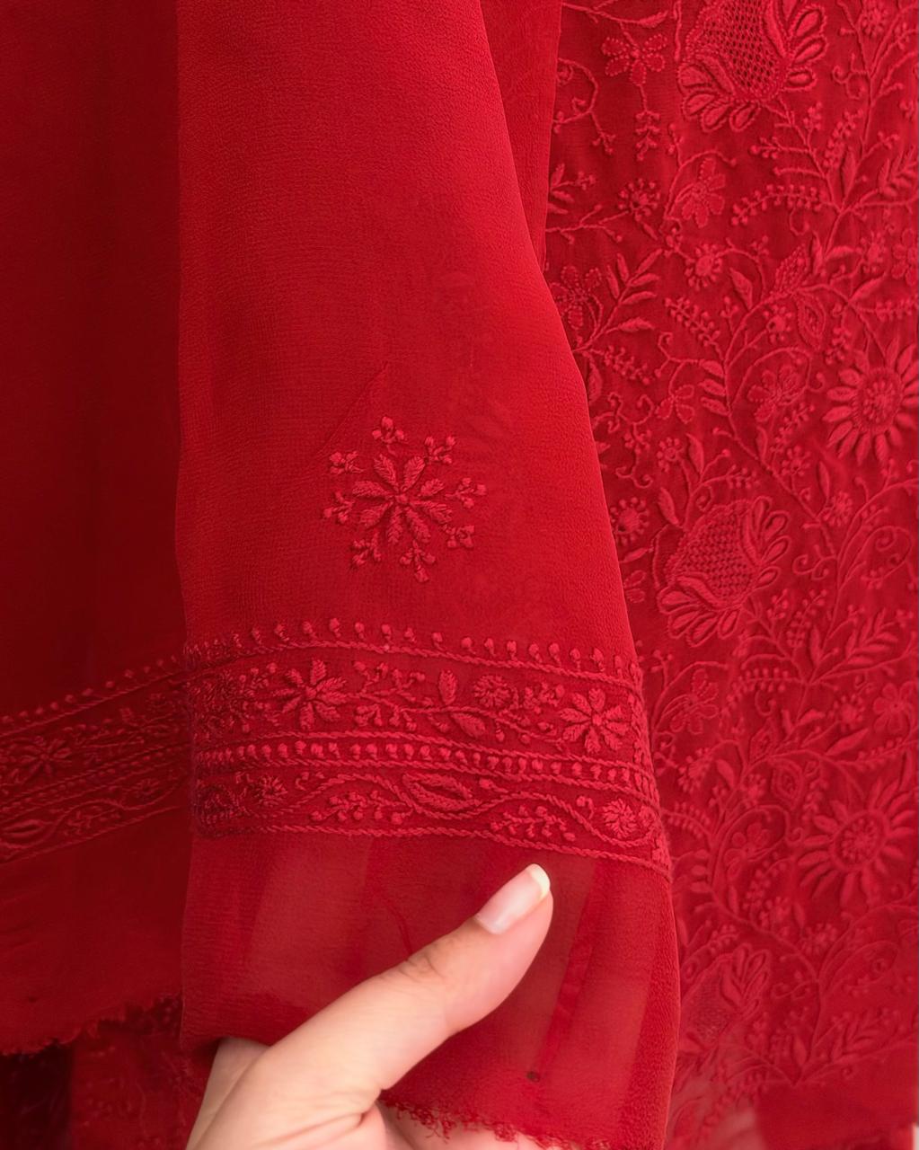 Red Floral Jaal Chikankari Suit Set