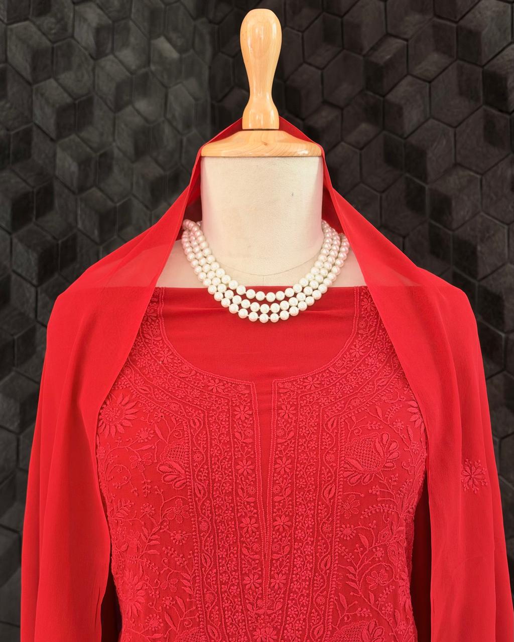 Red Floral Jaal Chikankari Suit Set