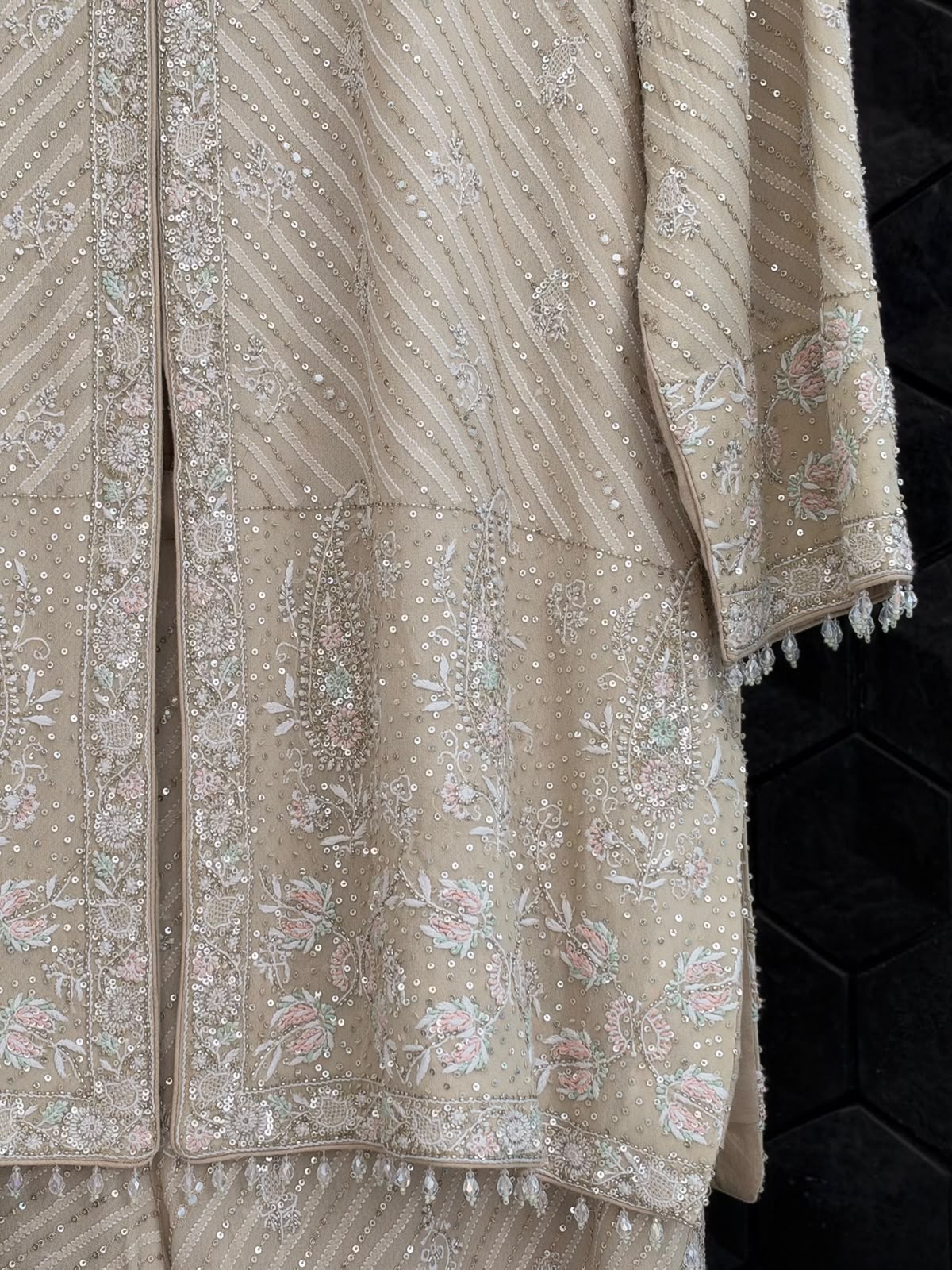 Gold & Beige Georgette Chikankari Long Gilet Set