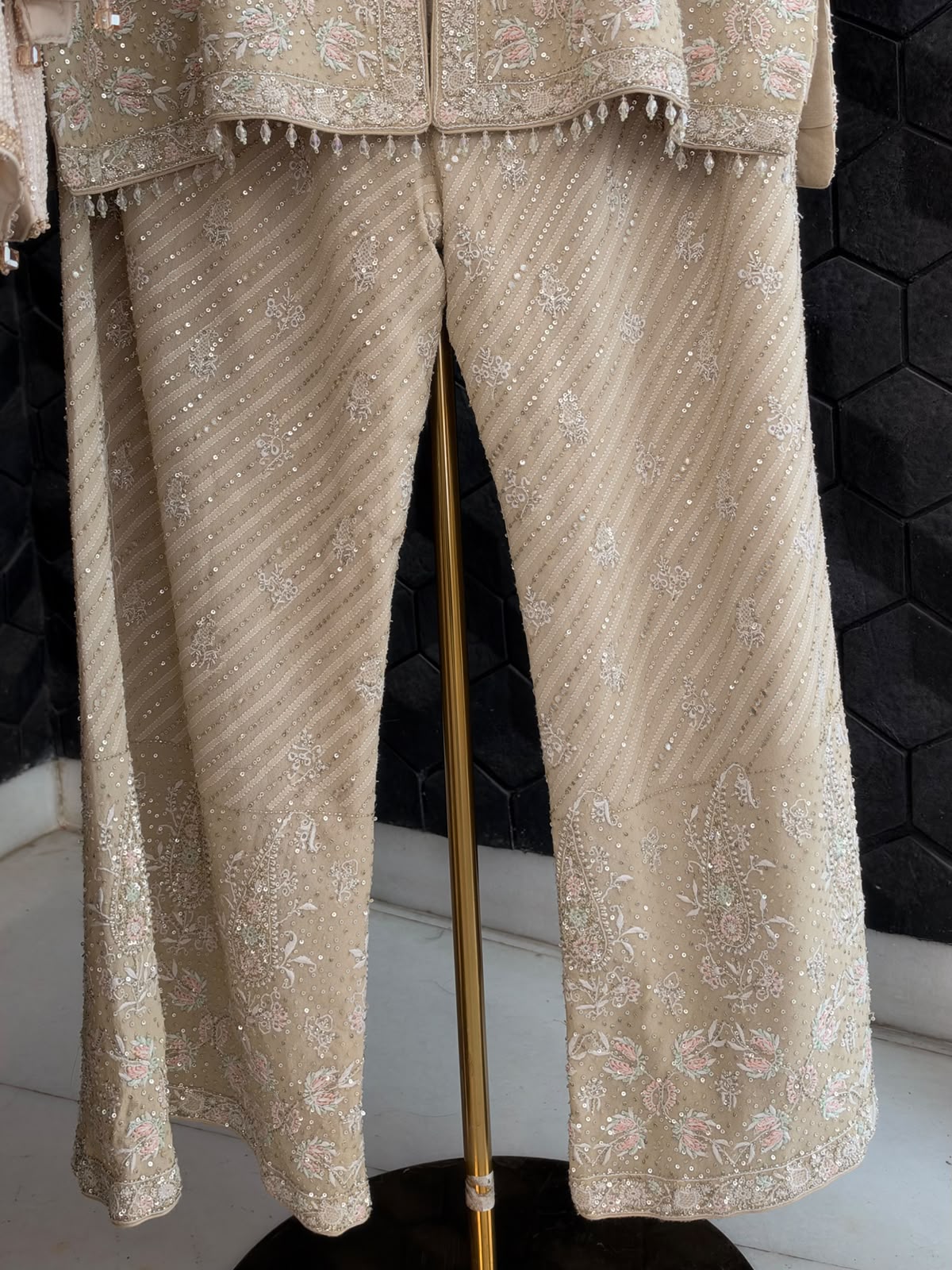 Gold & Beige Georgette Chikankari Long Gilet Set