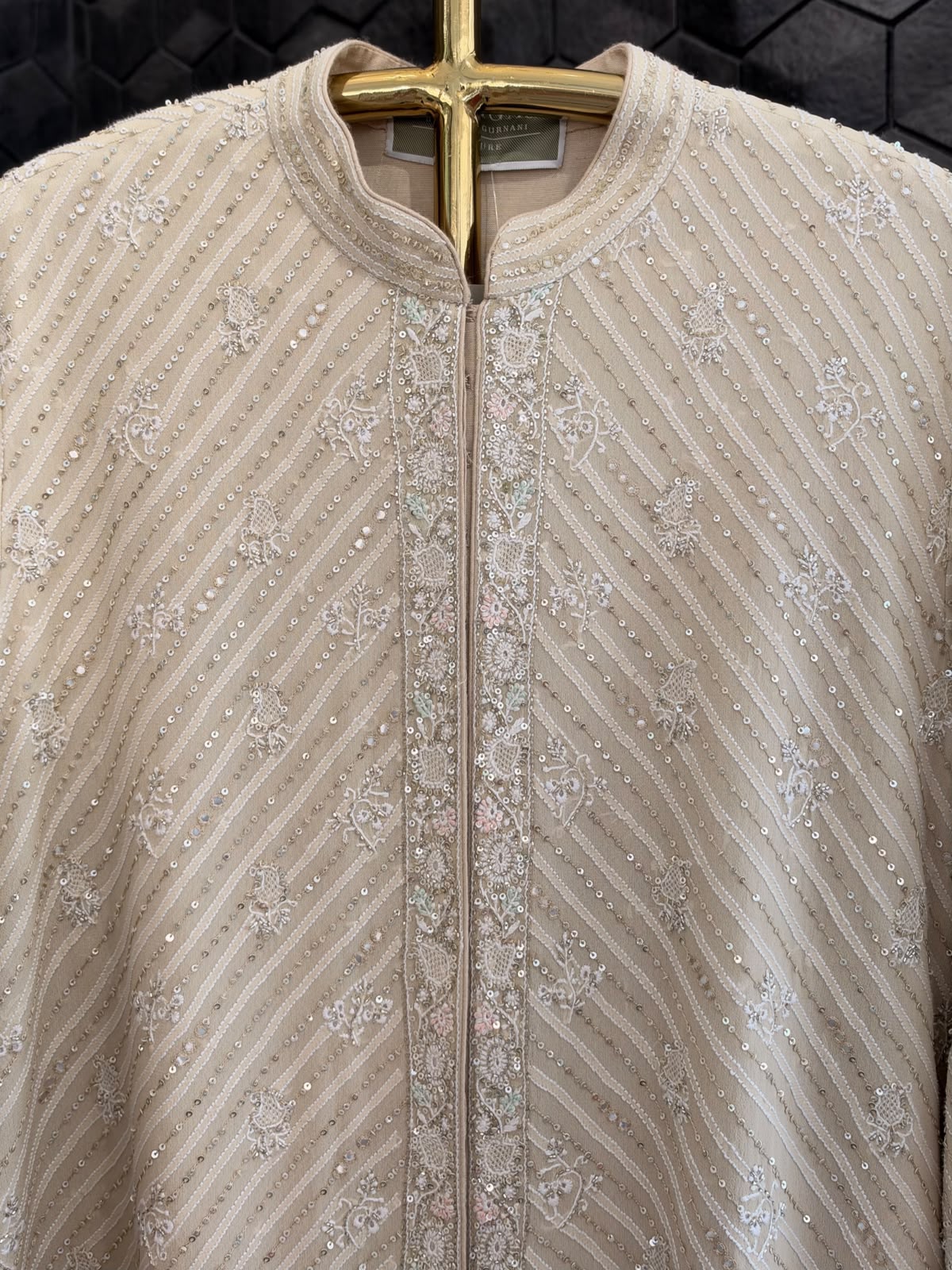 Gold & Beige Georgette Chikankari Long Gilet Set