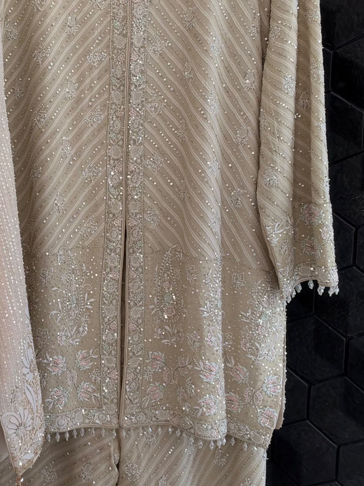 Gold & Beige Georgette Chikankari Long Gilet Set
