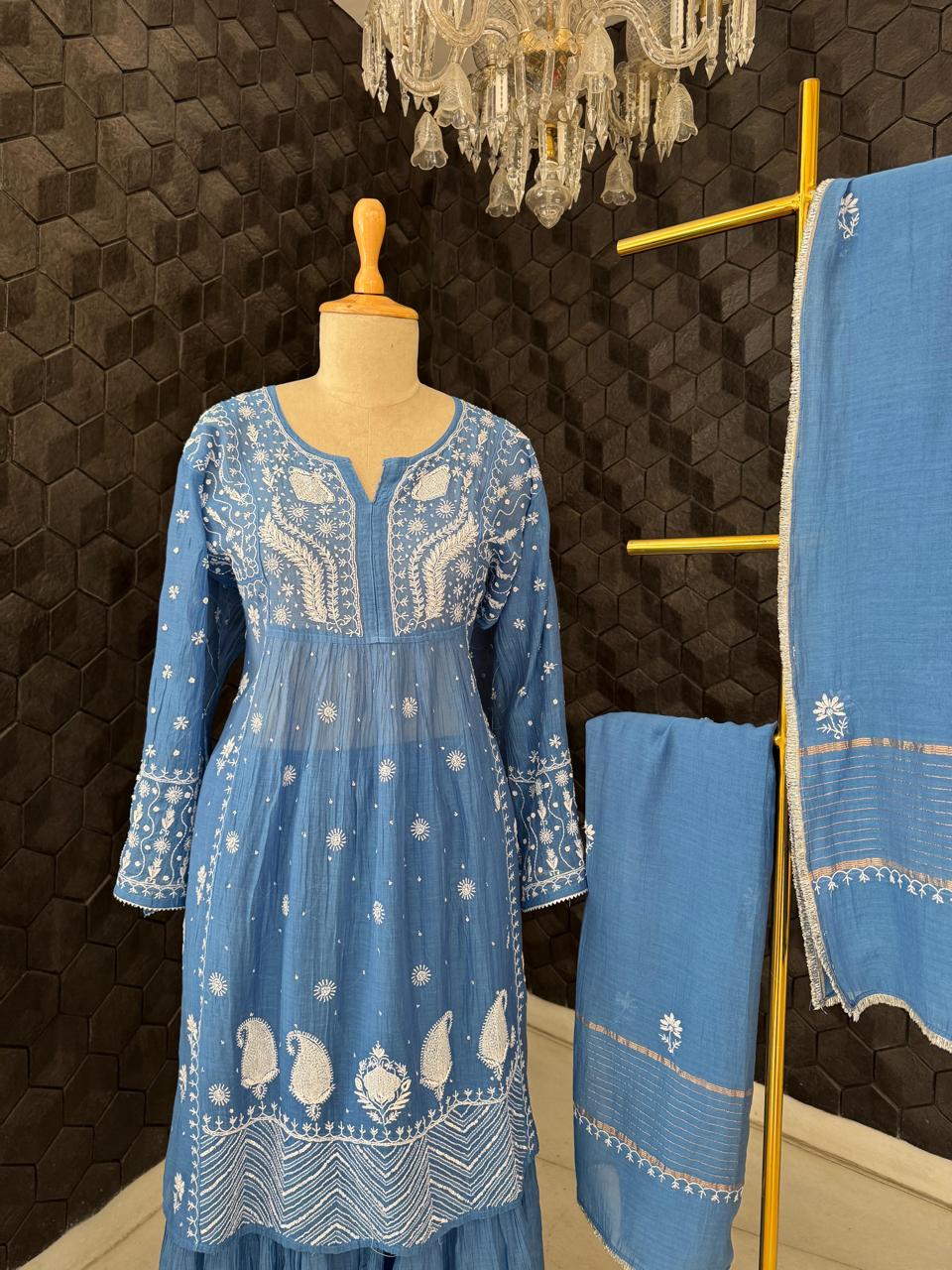 Cobalt Blue Mukaish & Chikankari Sharara Set