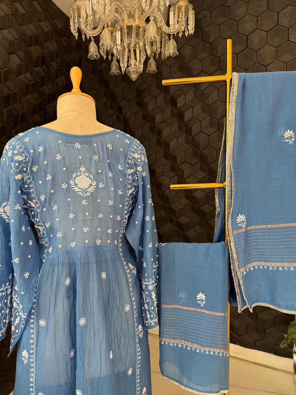 Cobalt Blue Mukaish & Chikankari Sharara Set