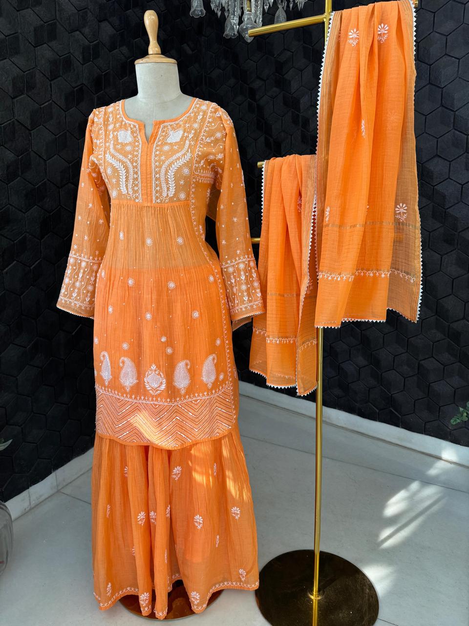 Orange Chikankari Sharara Set