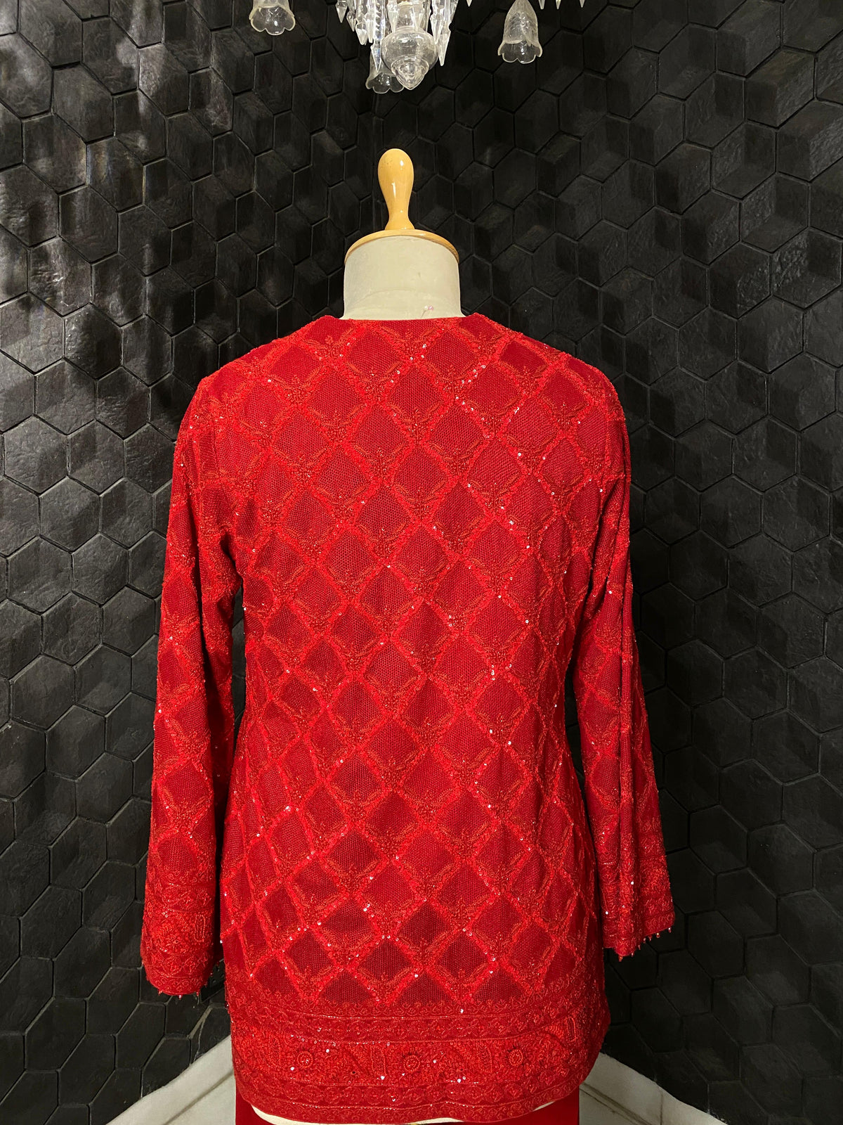 Red georgette Chikankari Gilet-Set