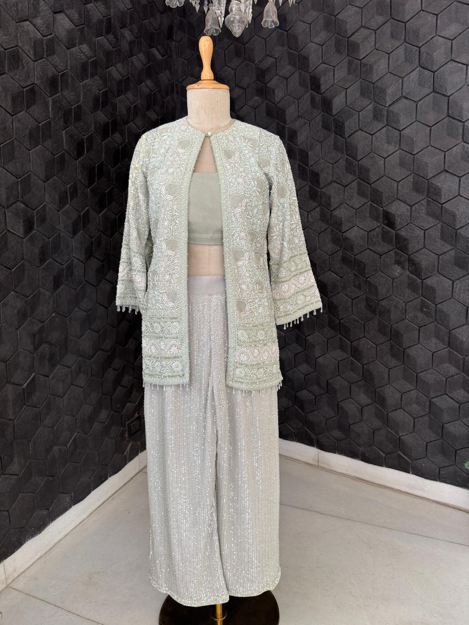 Sage Green Georgette Chikankari Gilet Set