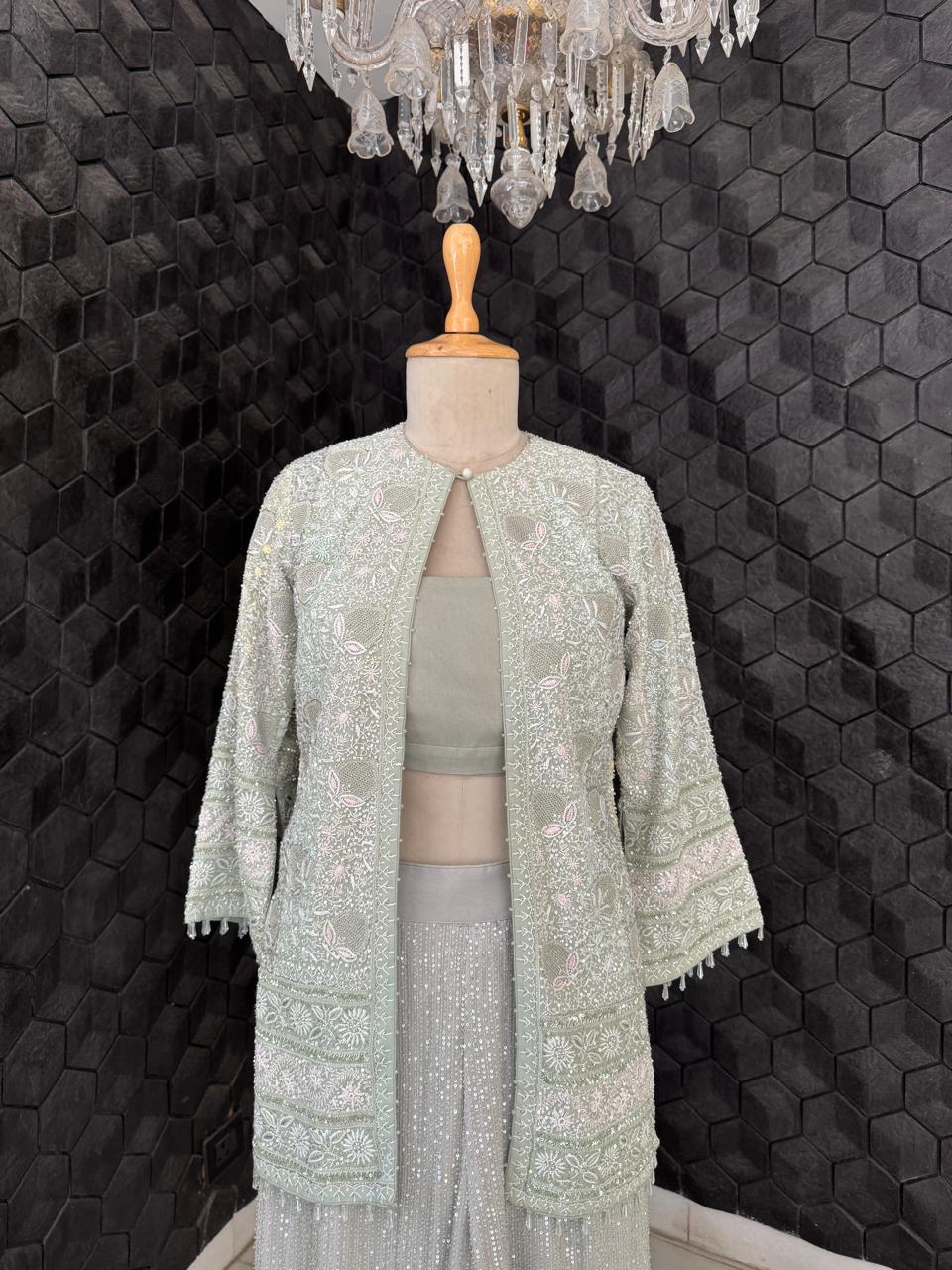 Sage Green Georgette Chikankari Gilet Set