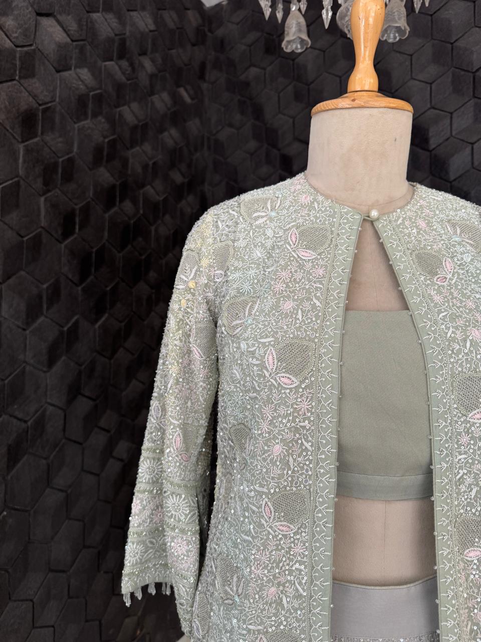 Sage Green Georgette Chikankari Gilet Set