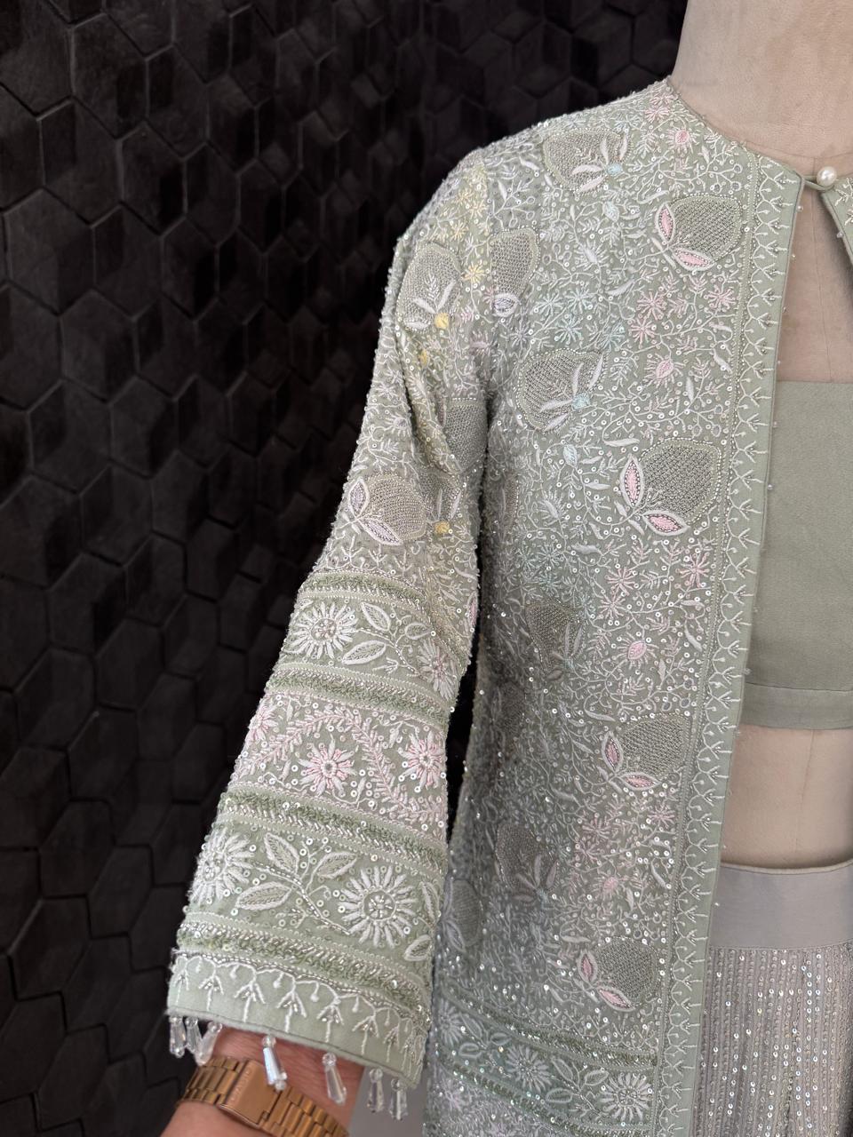Sage Green Georgette Chikankari Gilet Set