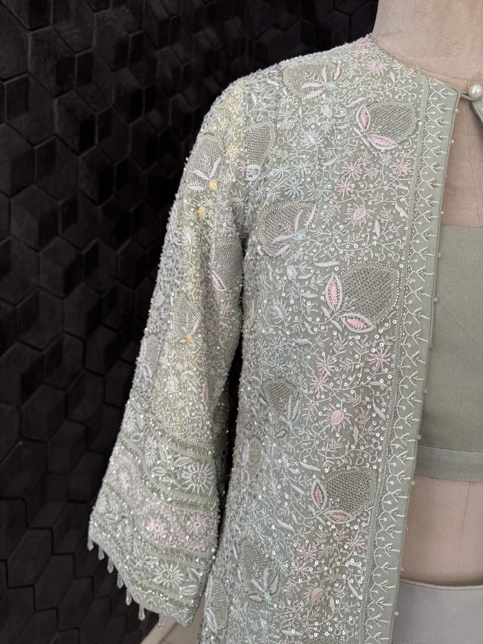 Sage Green Georgette Chikankari Gilet Set