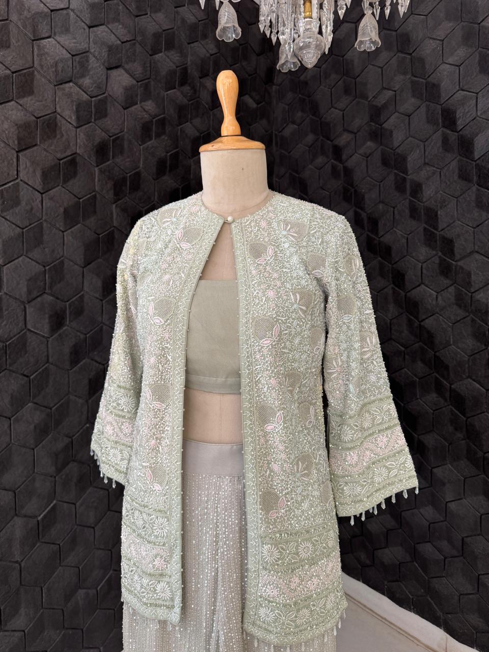 Sage Green Georgette Chikankari Gilet Set