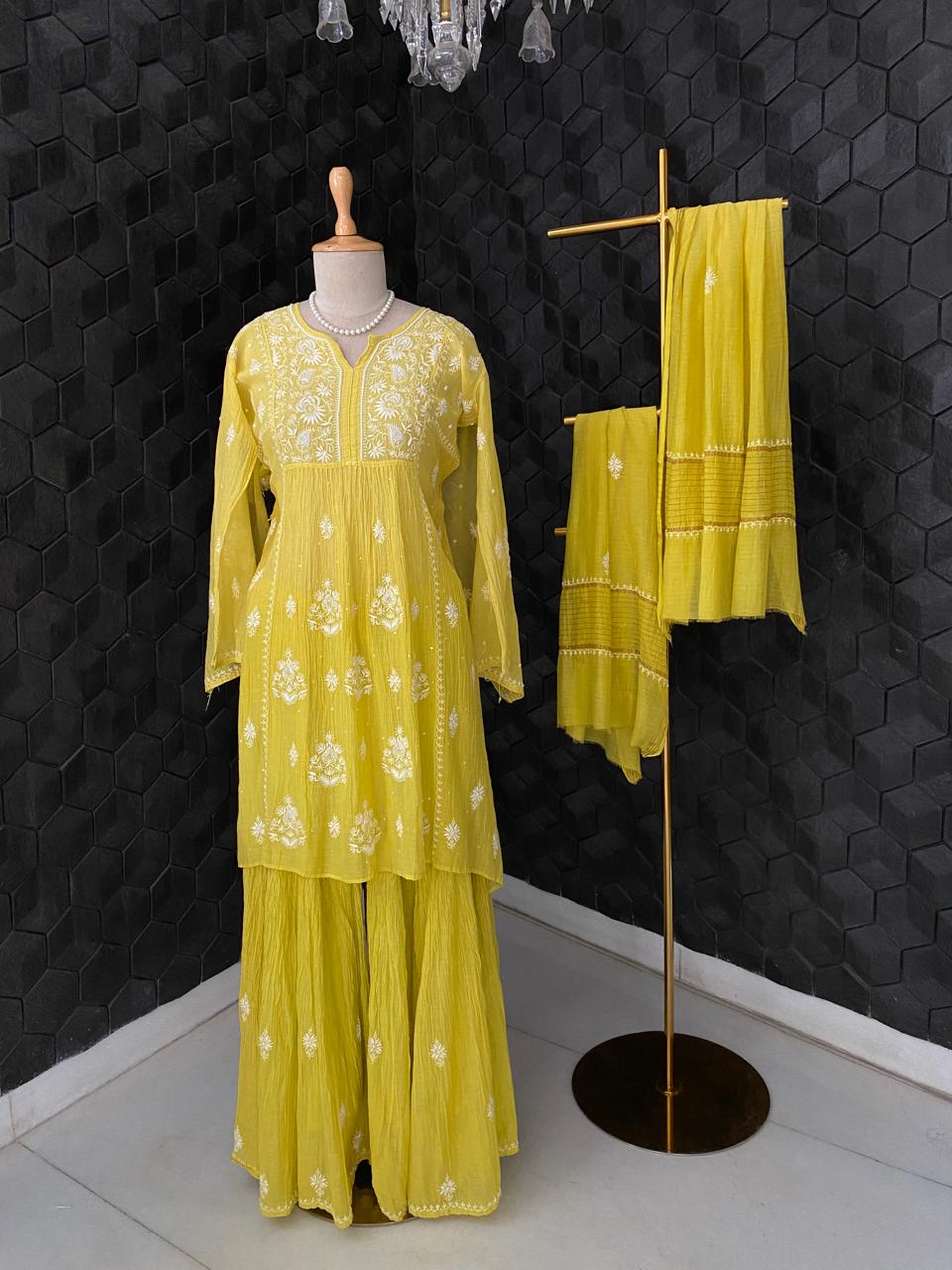 Yellow Mul Chanderi Chikankari Sharara Set