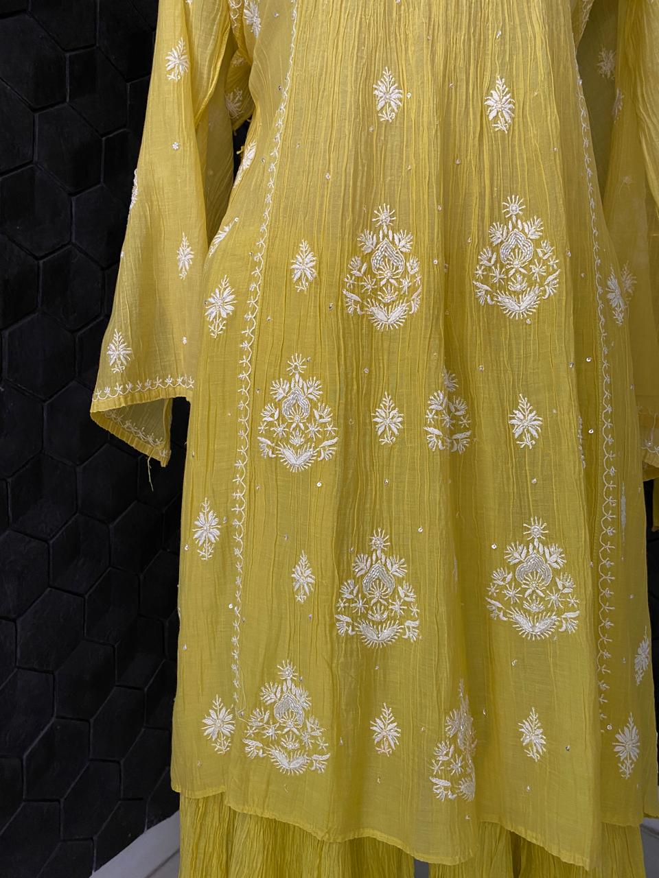 Yellow Mul Chanderi Chikankari Sharara Set