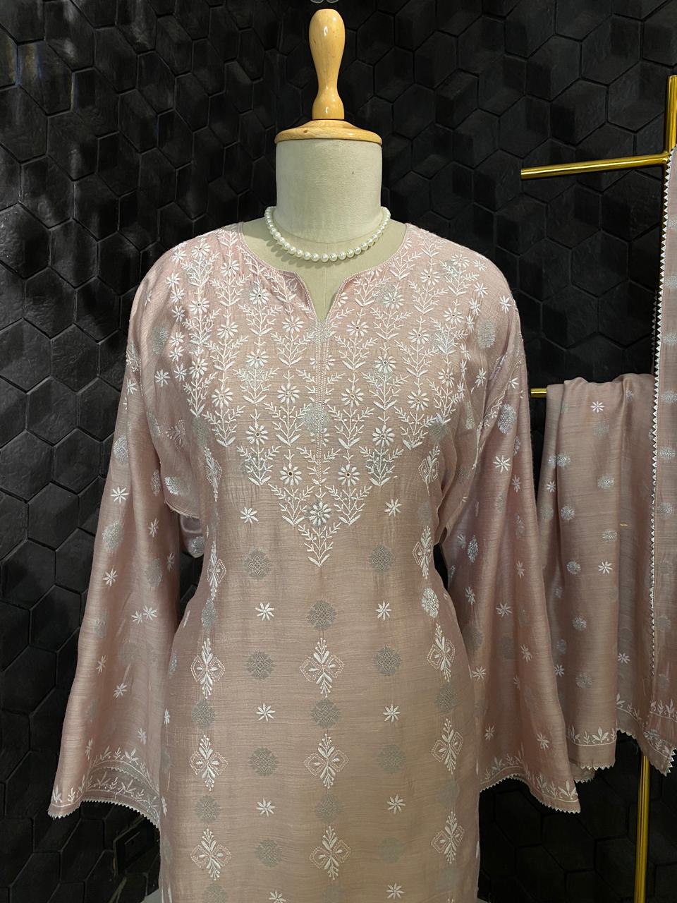 Rose Pink Moonga Silk Zari Butti Kurta Set