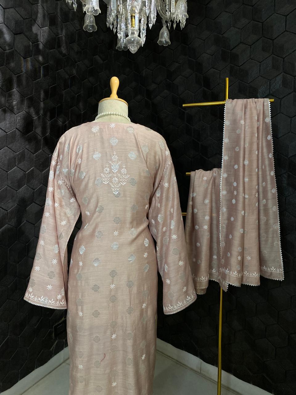 Rose Pink Moonga Silk Zari Butti Kurta Set