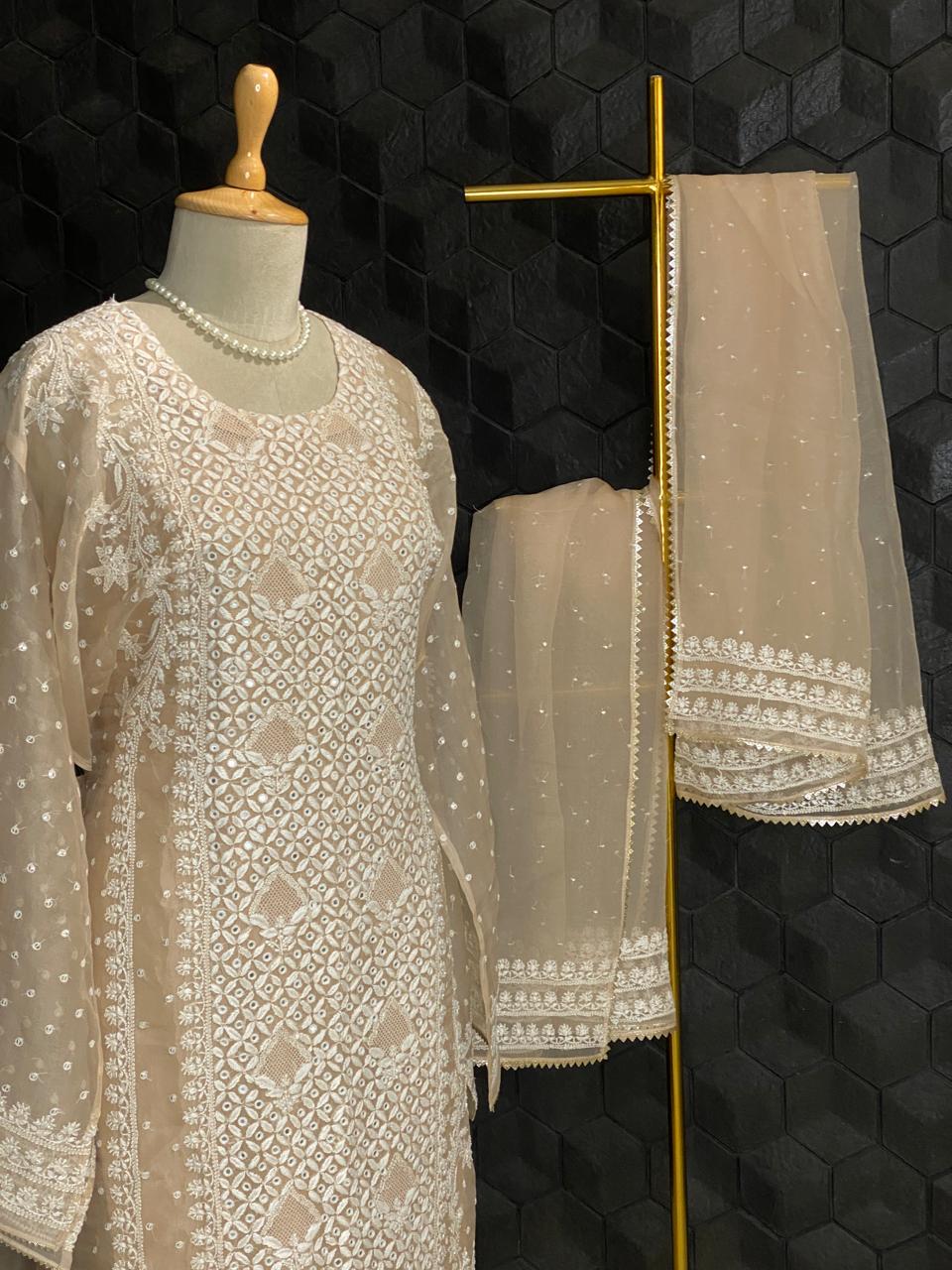 Peach Organza Jaal Chikankari Kurta Set