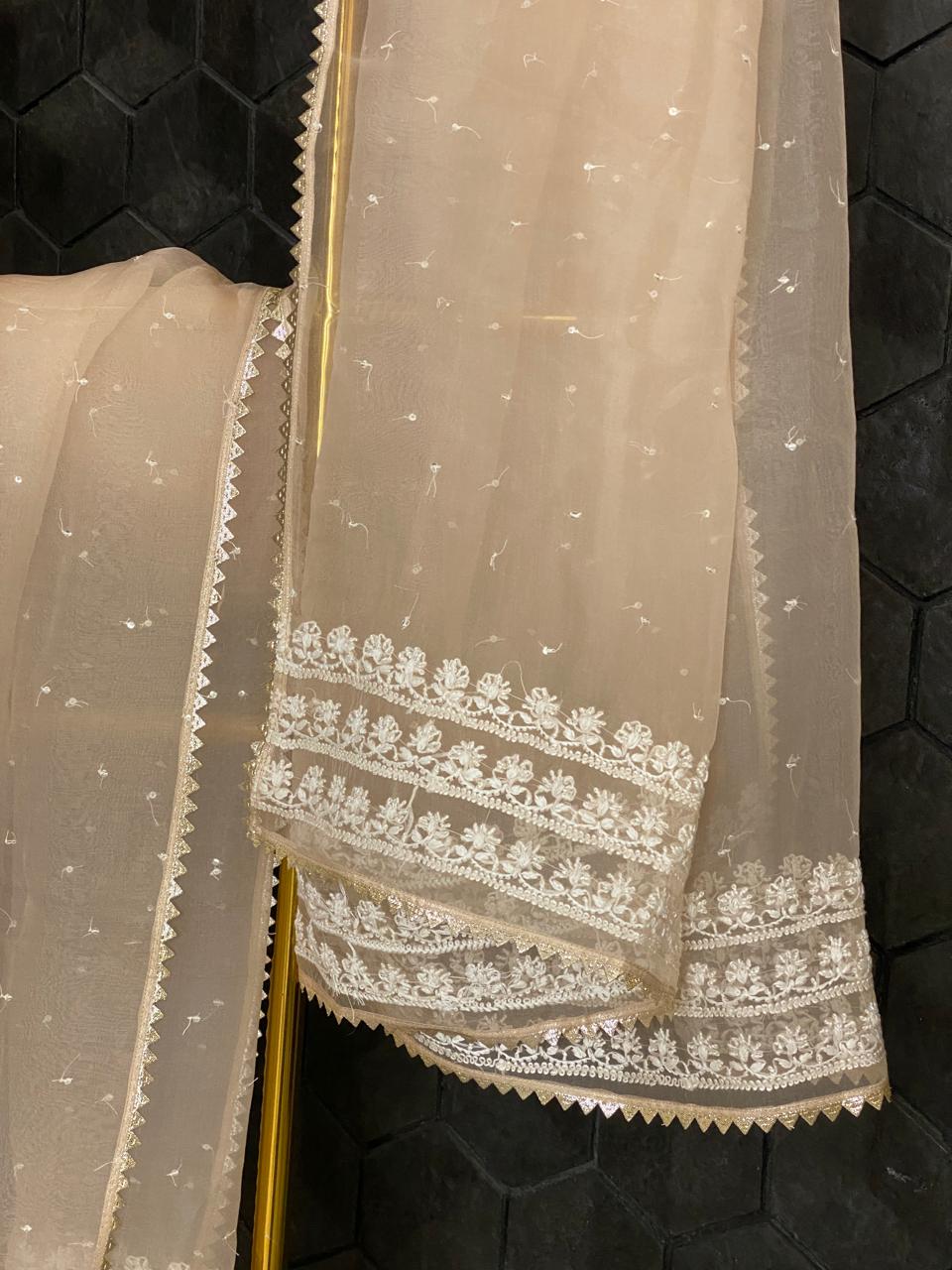 Peach Organza Jaal Chikankari Kurta Set