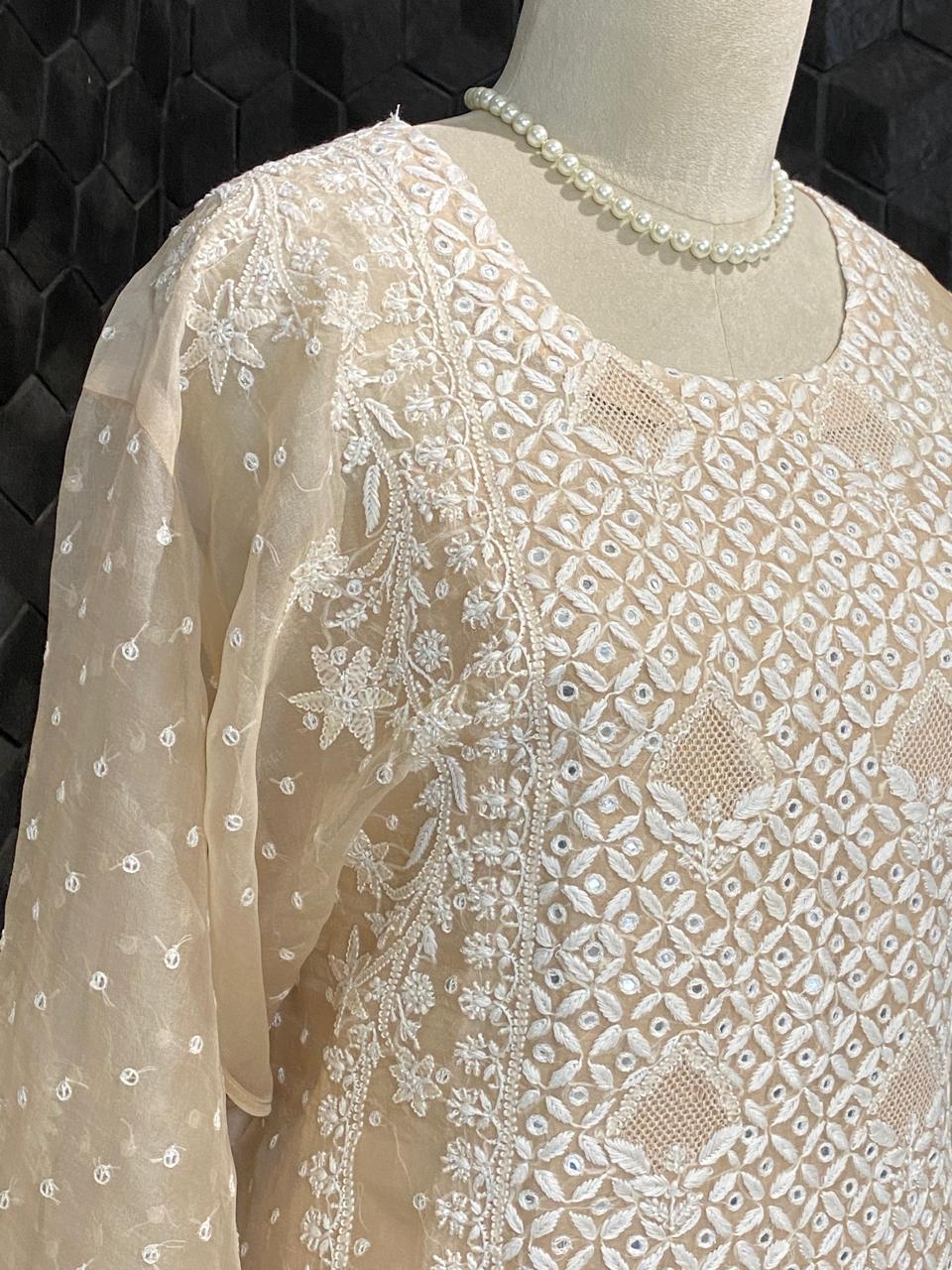 Peach Organza Jaal Chikankari Kurta Set