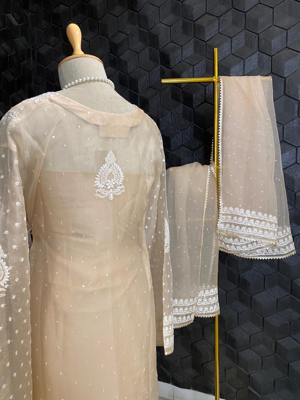 Peach Organza Jaal Chikankari Kurta Set