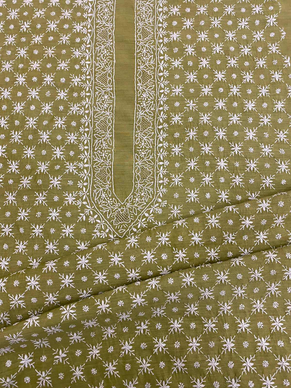 Olive Green Moonga Silk Chikankari Men's Kurta