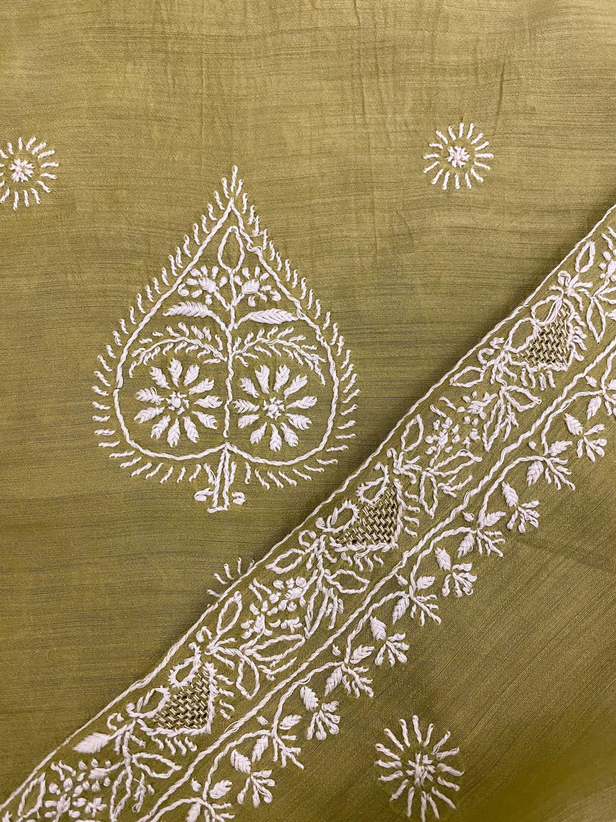 Olive Green Moonga Silk Chikankari Men's Kurta