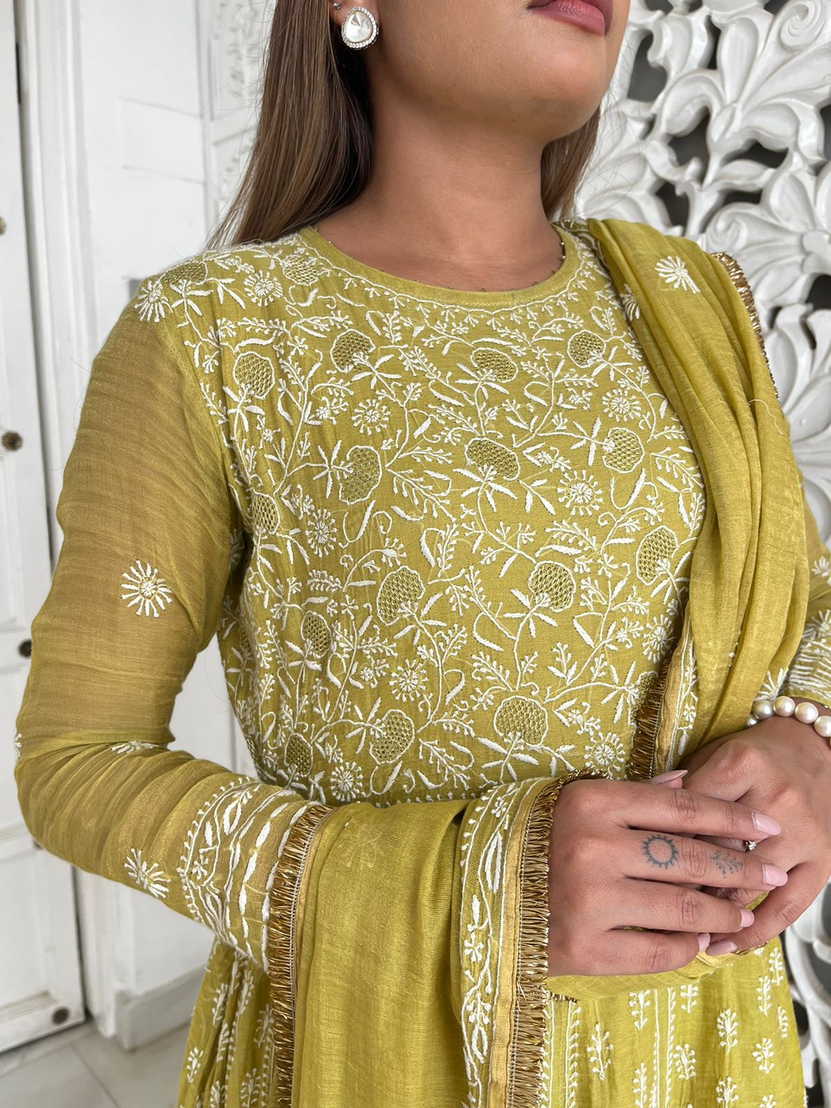 Arushi Tripathi in Lime Green Tissue Chikankari Anarkali set