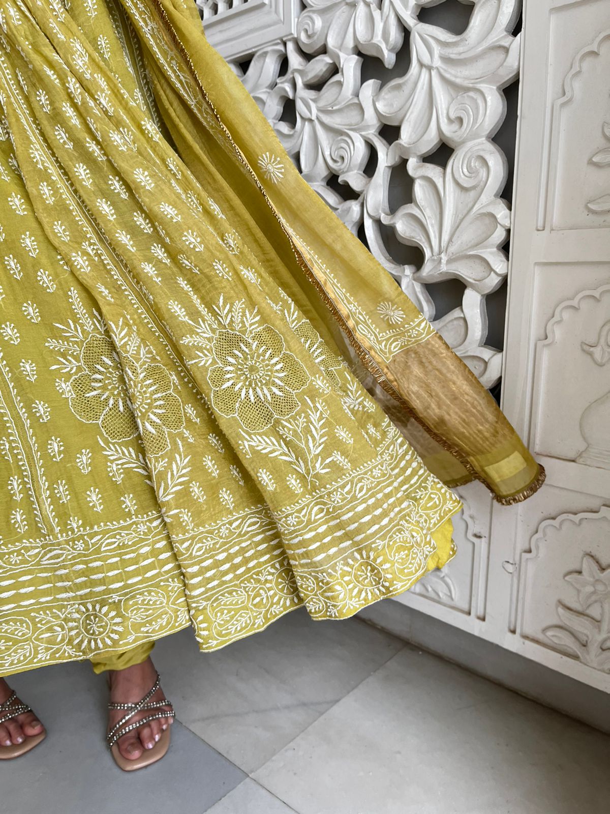 Arushi Tripathi in Lime Green Tissue Chikankari Anarkali set