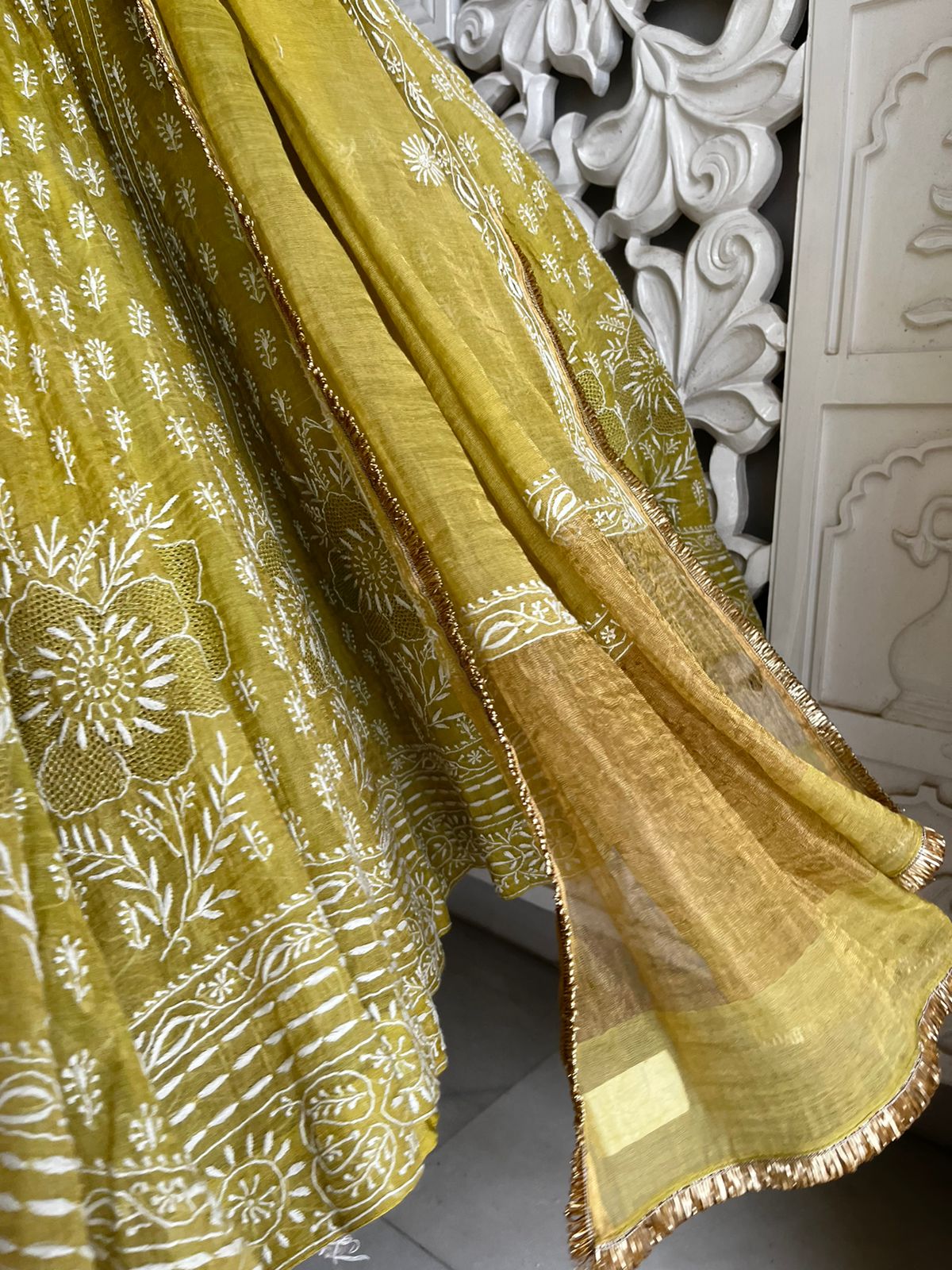 Arushi Tripathi in Lime Green Tissue Chikankari Anarkali set