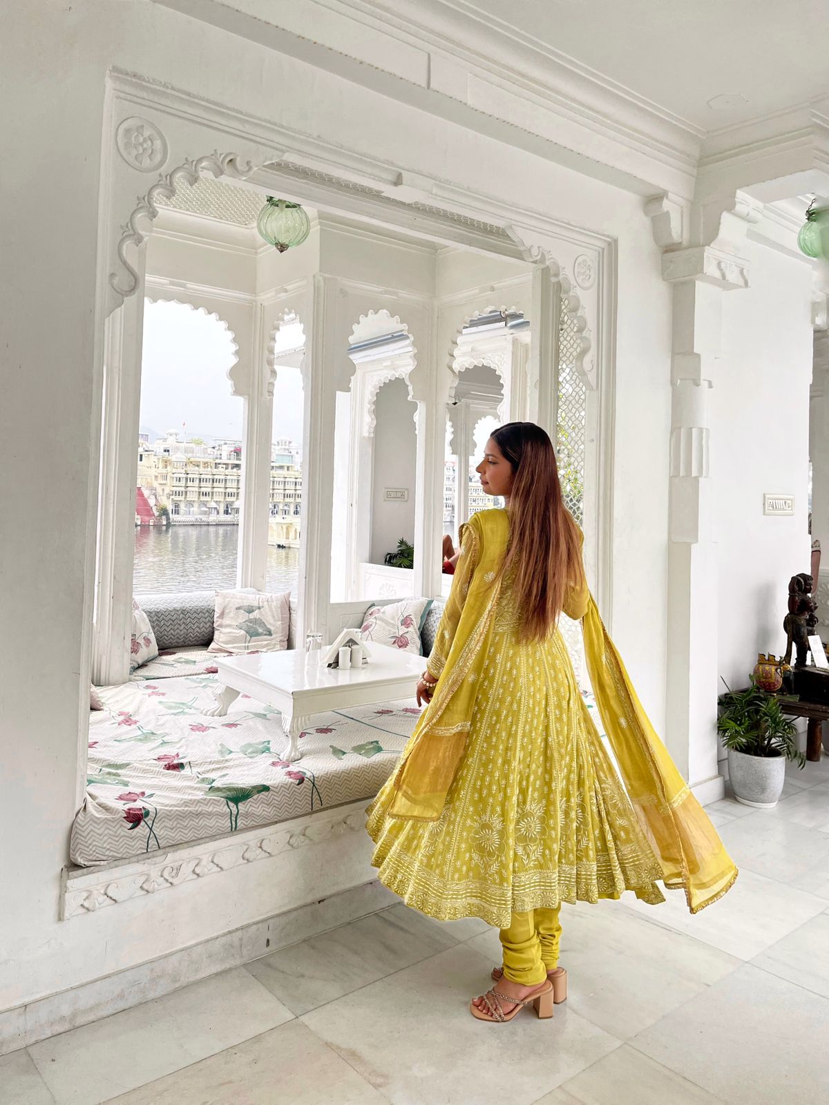 Arushi Tripathi in Lime Green Tissue Chikankari Anarkali set