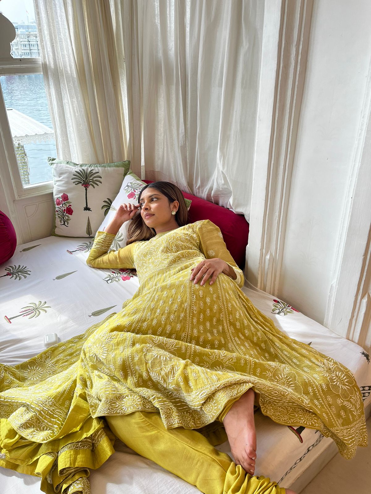 Arushi Tripathi in Lime Green Tissue Chikankari Anarkali set