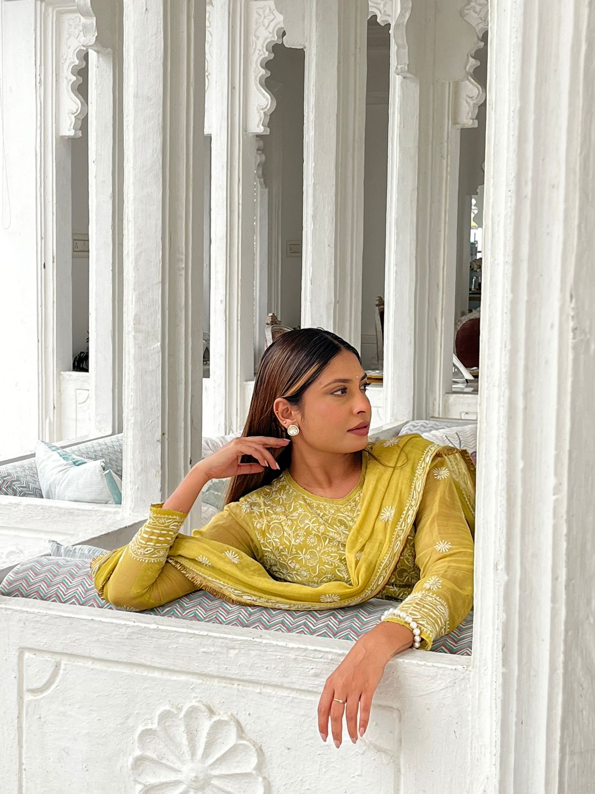 Arushi Tripathi in Lime Green Tissue Chikankari Anarkali set