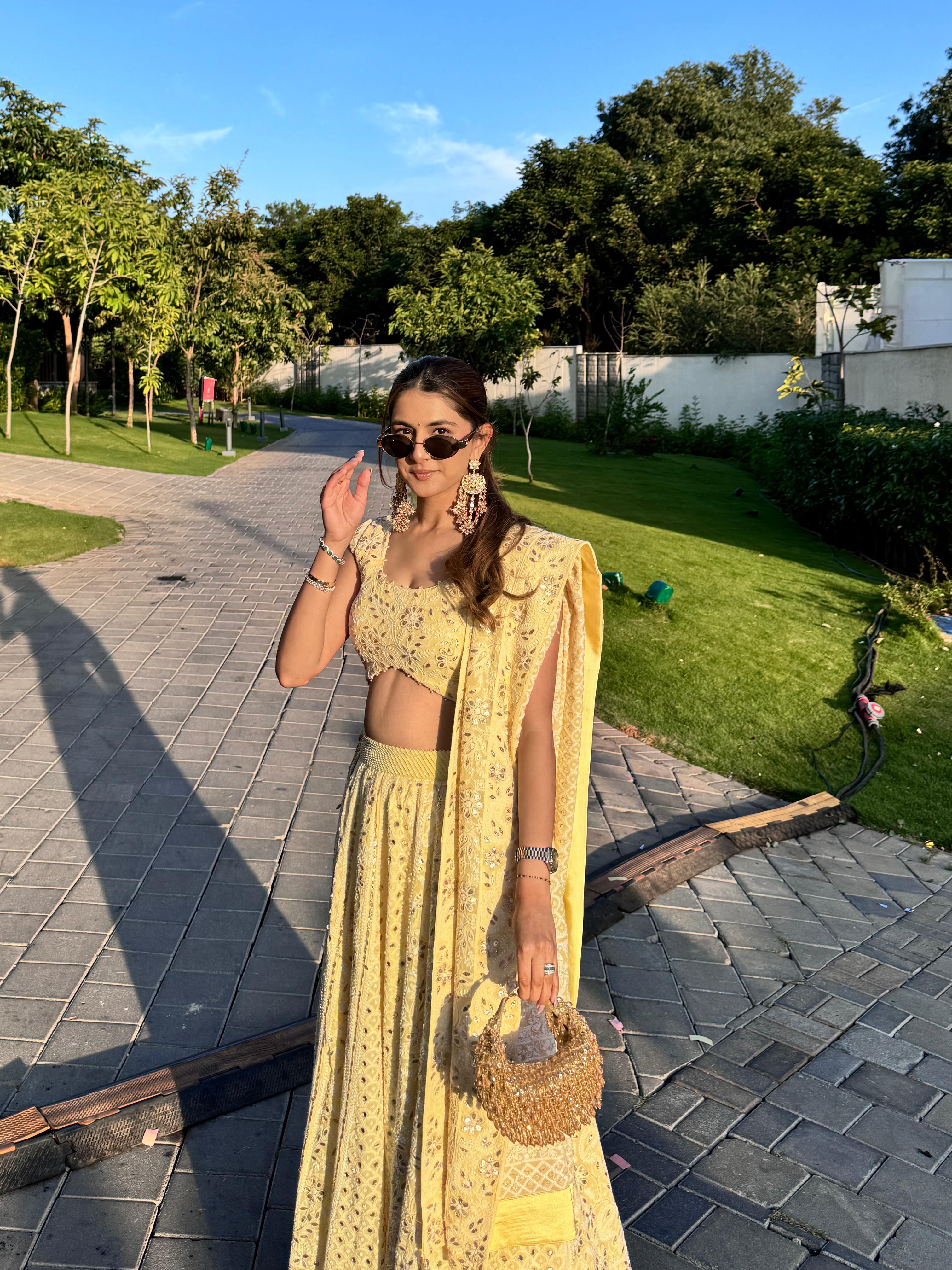 Meher Taluja in Lemon Yellow Pure Georgette Chikankari Lehenga