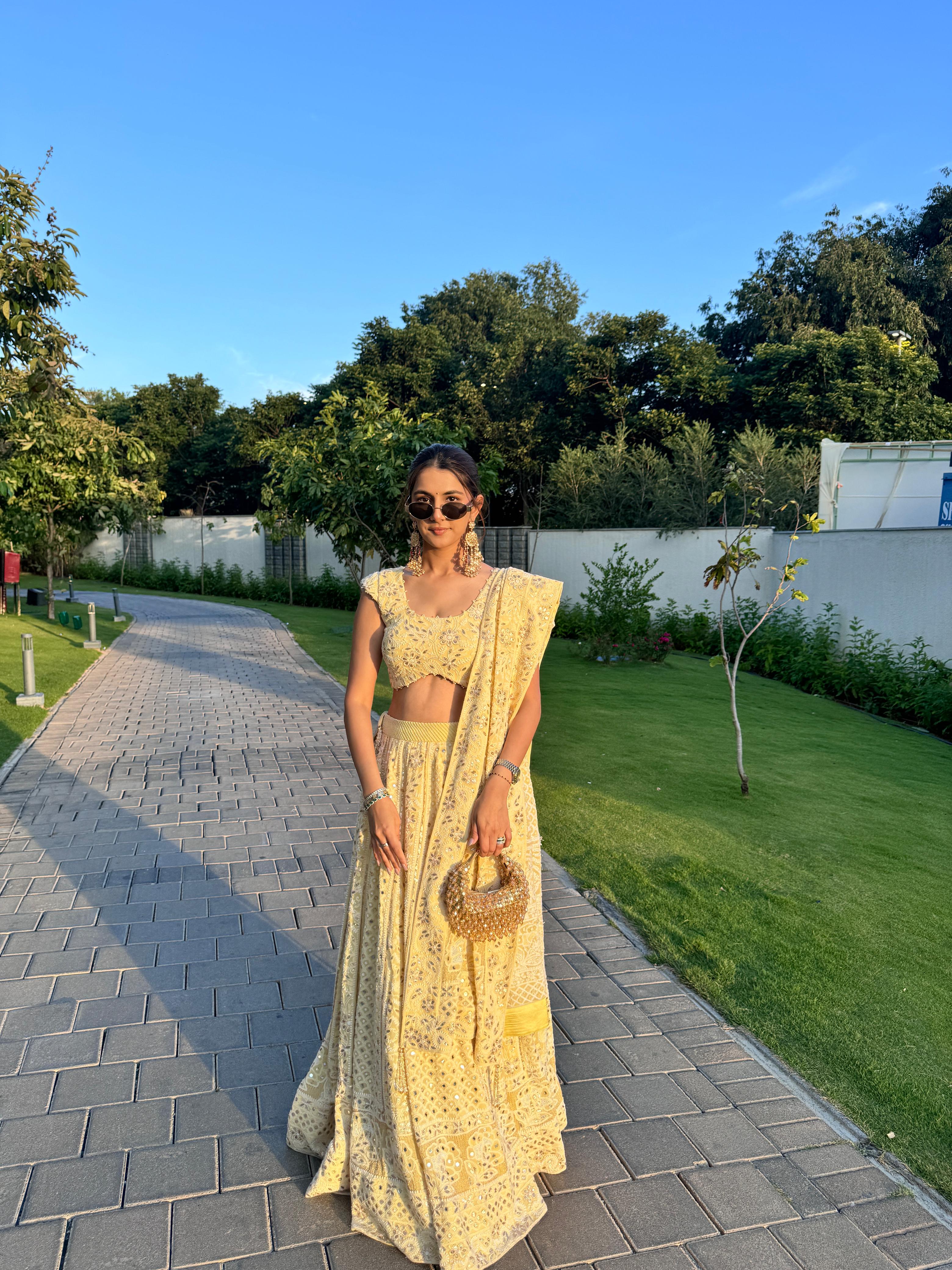 Meher Taluja in Lemon Yellow Pure Georgette Chikankari Lehenga