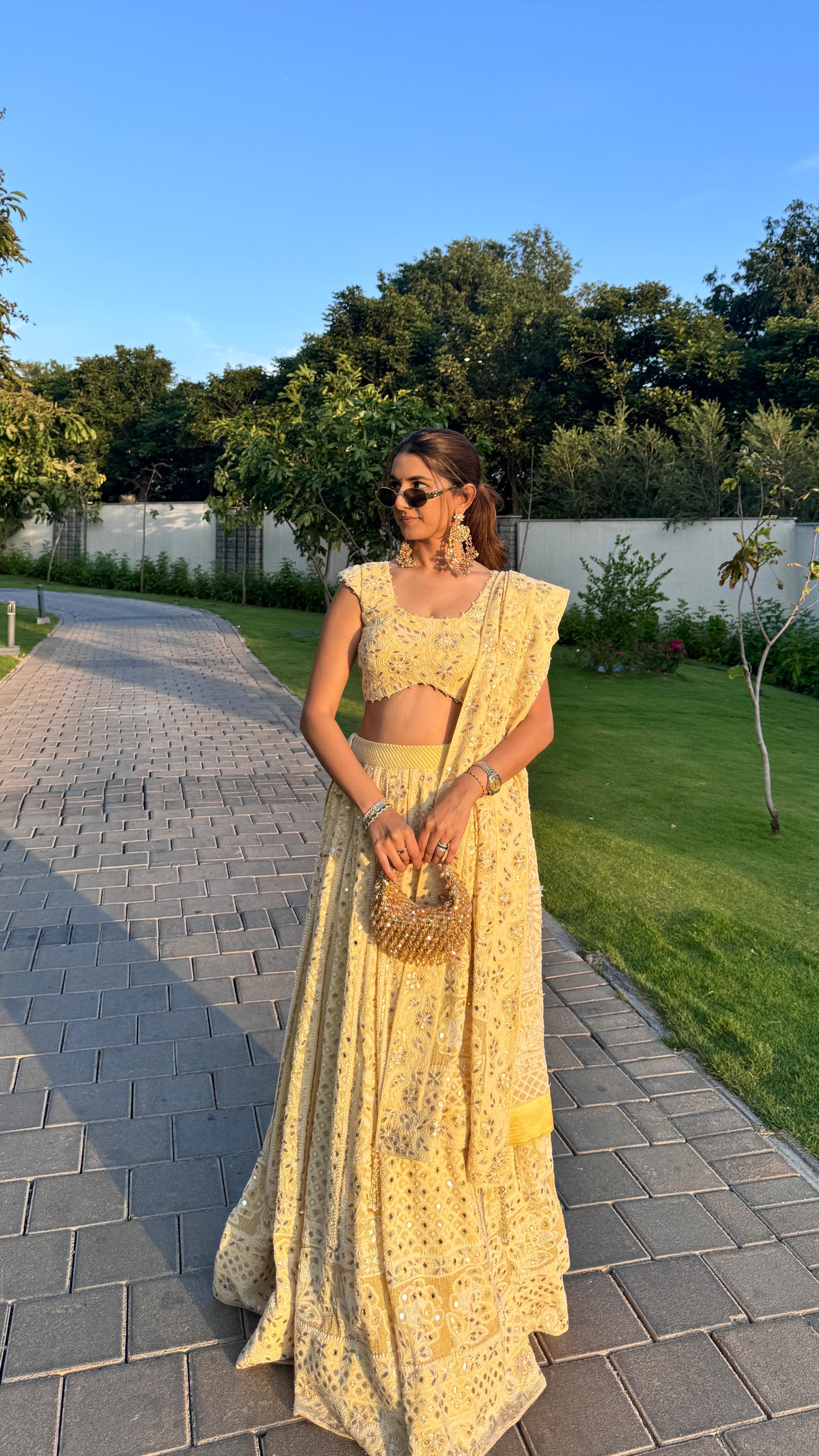 Meher Taluja in Lemon Yellow Pure Georgette Chikankari Lehenga