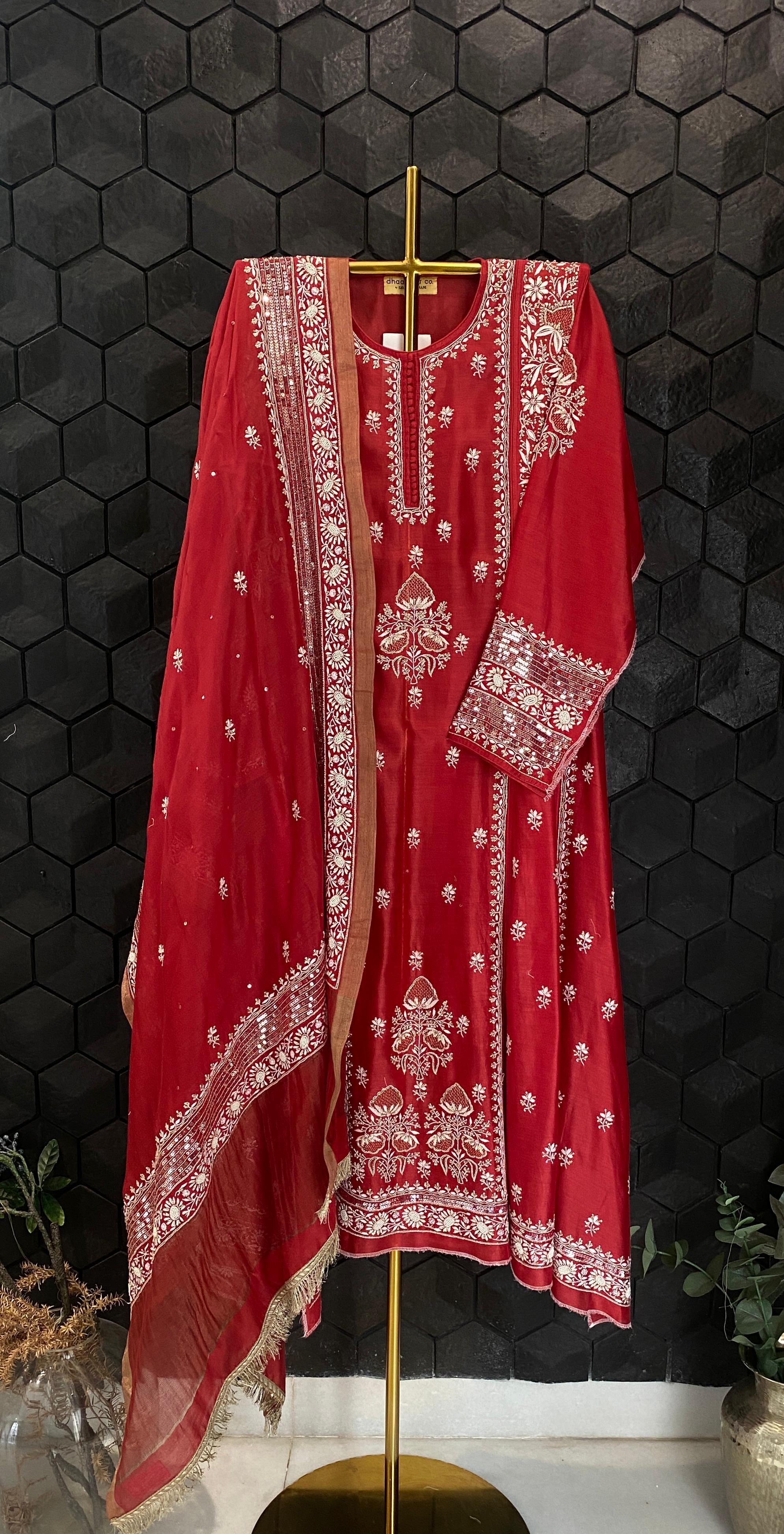 Red chanderi chikankari a-line kurta set with signature sequins dupatta