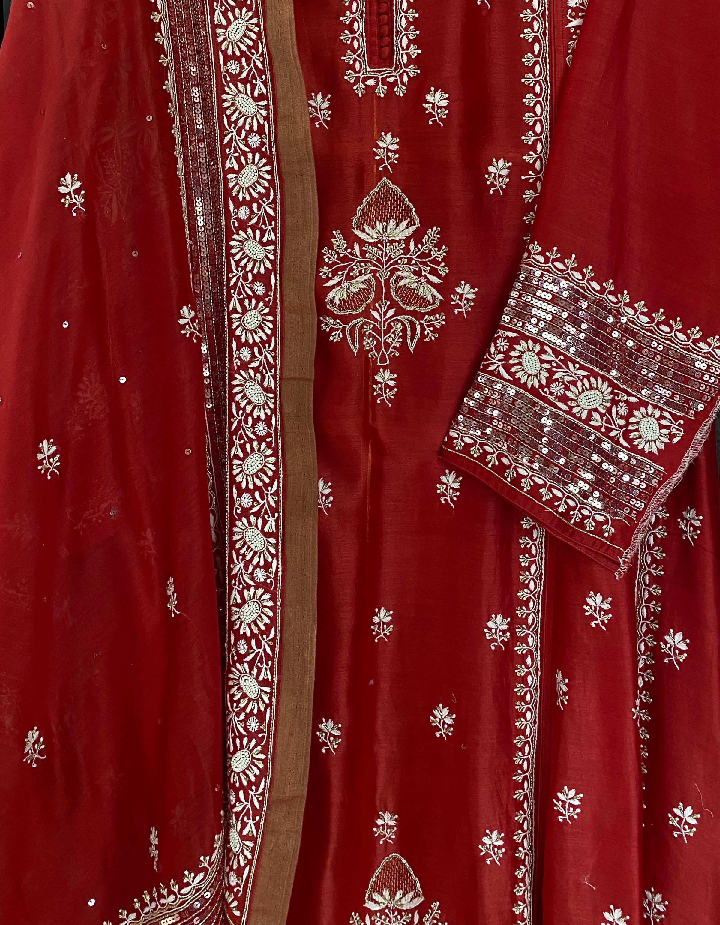 Red chanderi chikankari a-line kurta set with signature sequins dupatta