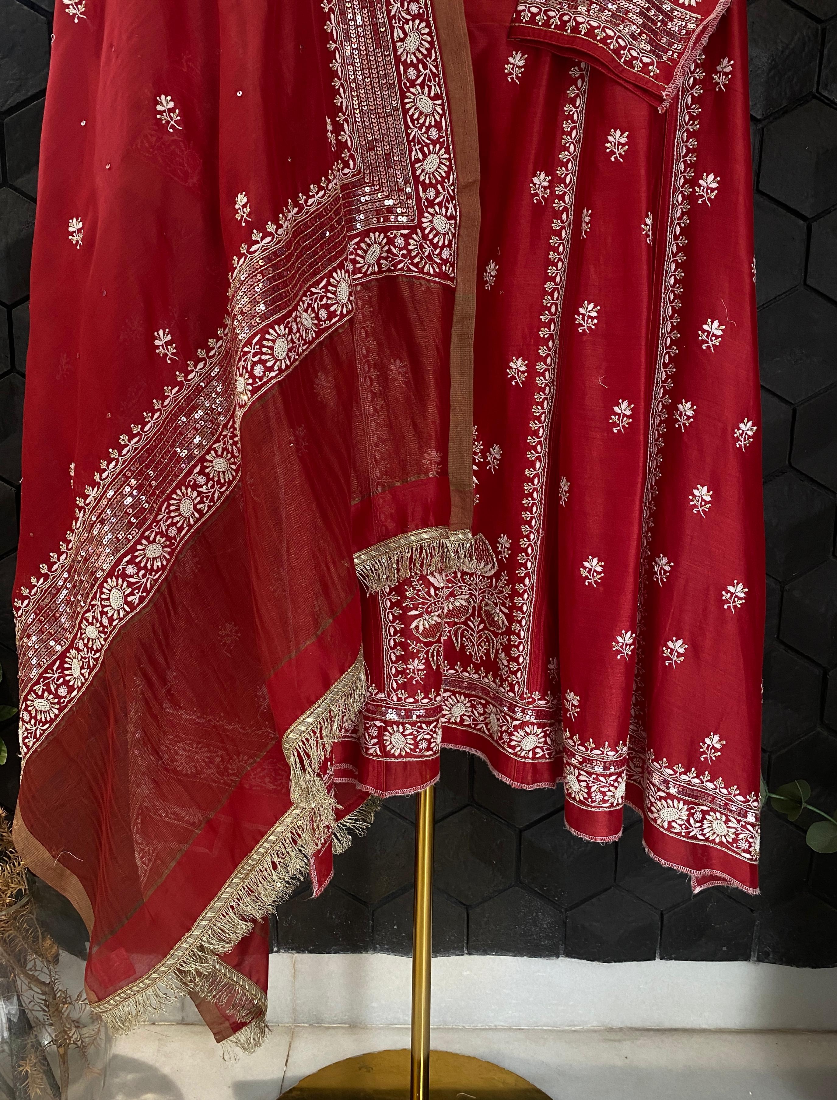 Red chanderi chikankari a-line kurta set with signature sequins dupatta