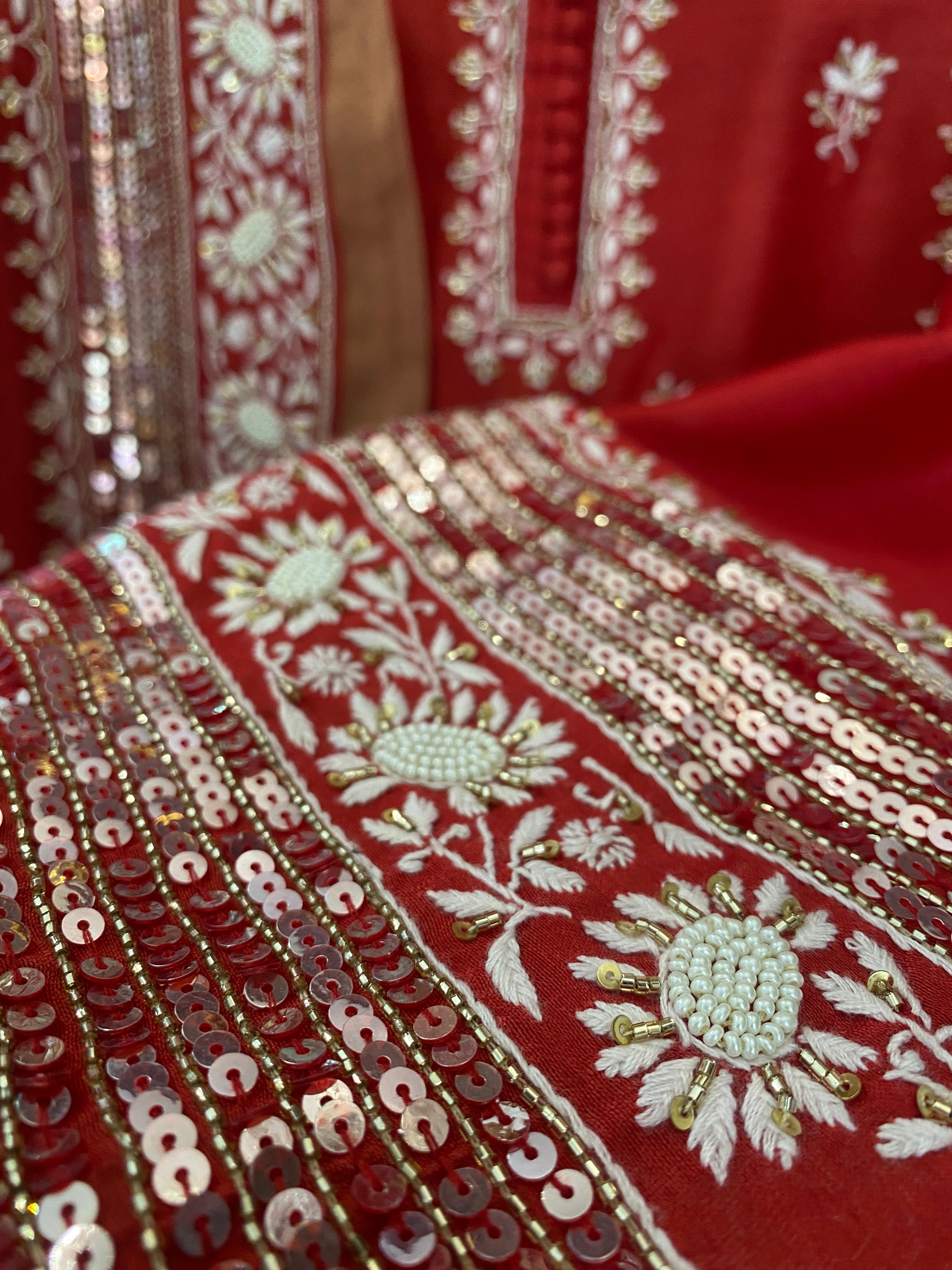 Red chanderi chikankari a-line kurta set with signature sequins dupatta