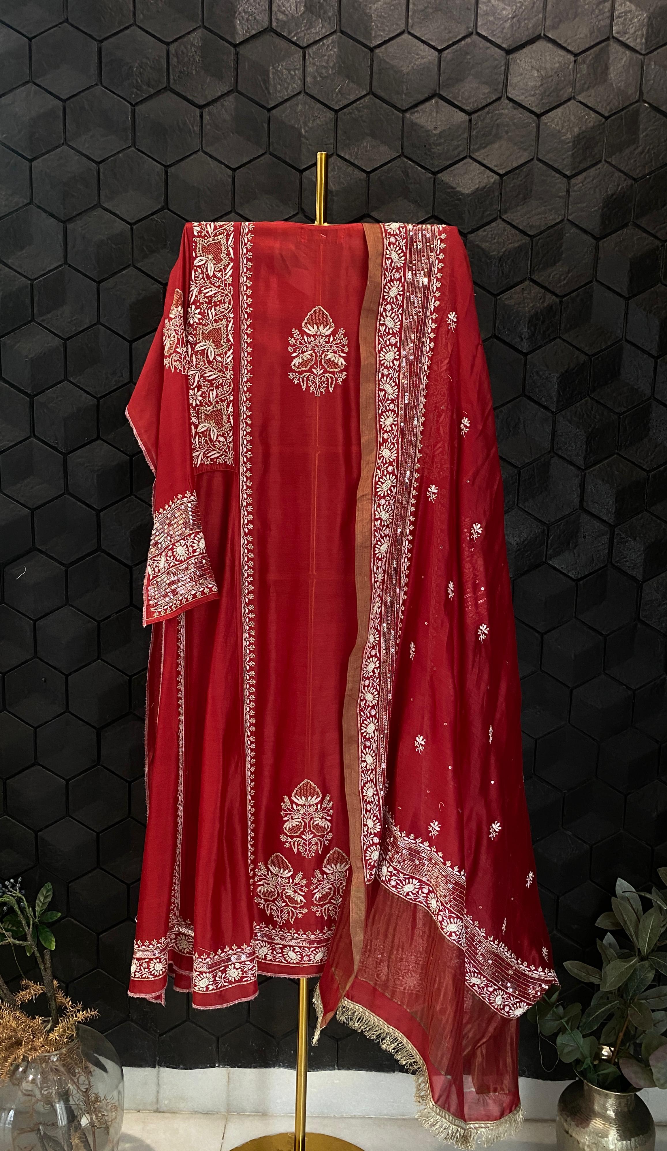 Red chanderi chikankari a-line kurta set with signature sequins dupatta